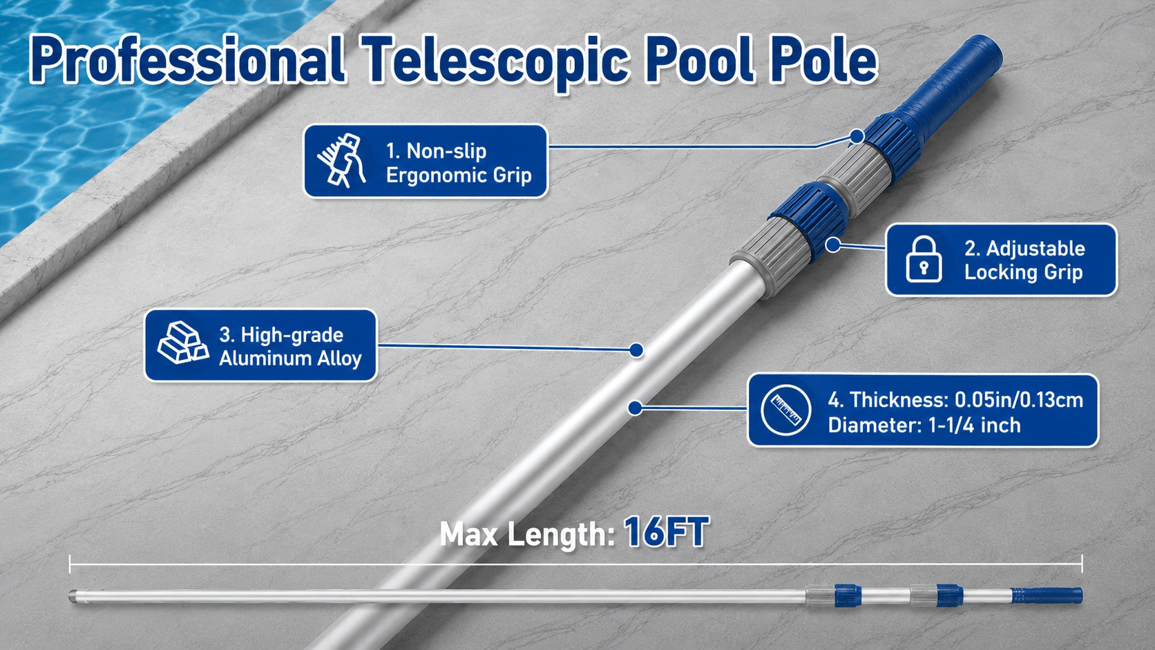 16ft Telescopic Pool Pole Heavy Duty Aluminum – Double Lock Adjustable Non-Slip Grip for Pool Cleaning Skimming Vacuuming Brushing Above Ground In-Ground Pools