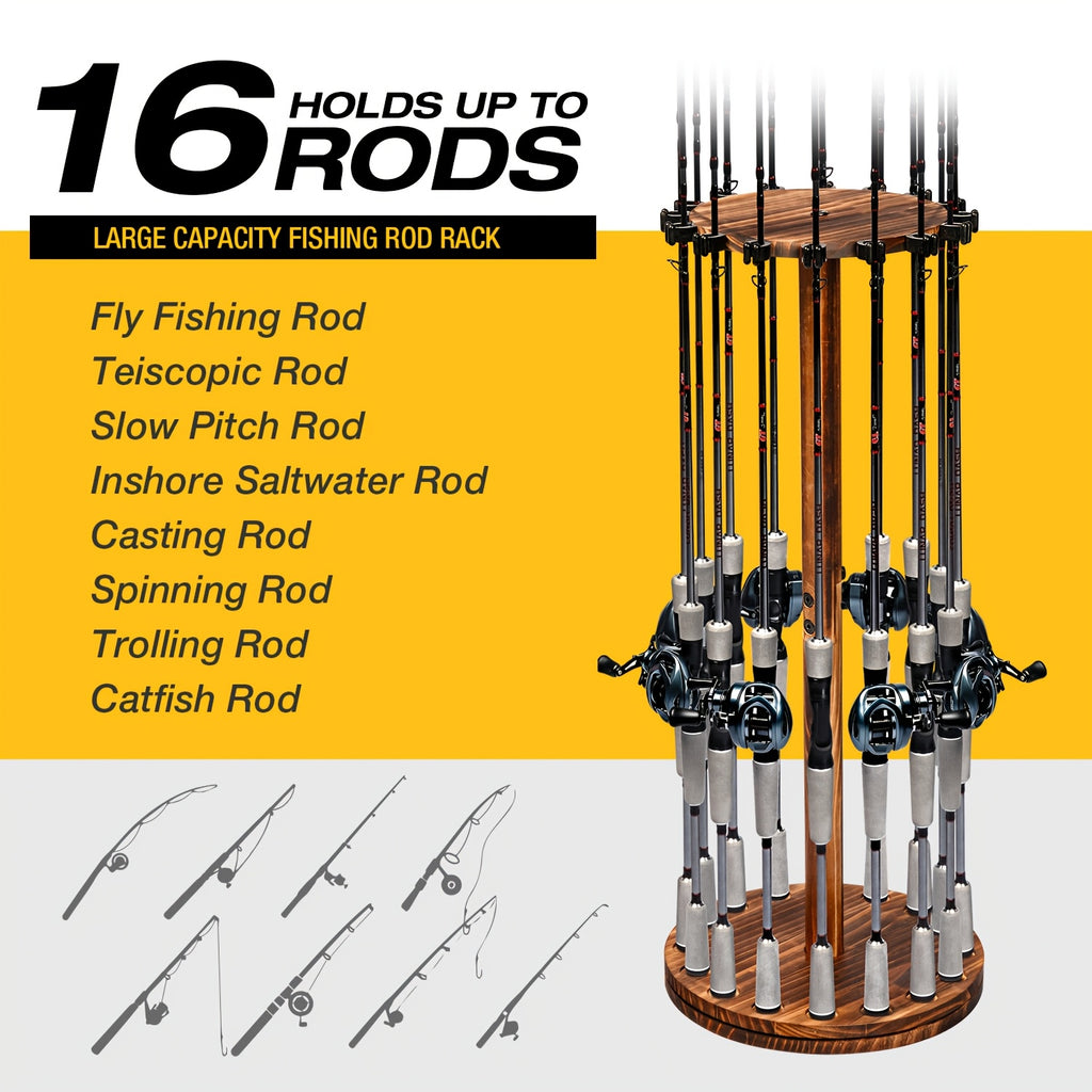 360° Rotating Circular Wooden Fishing Rod Rack - Holds 16 Rods - Space-Saving Wall Mount Fishing Pole Organizer for Garage, Basement & Shed - Great Fishing Gift