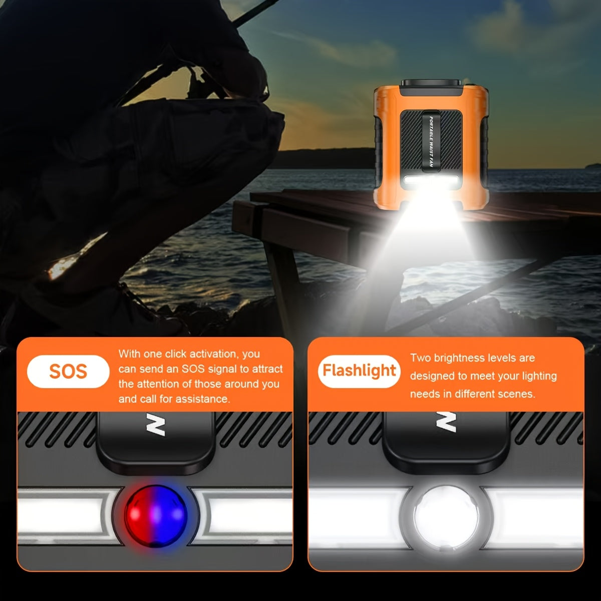 10000mAh Portable Waist Clip Fan Rechargeable Hands-Free Cooling Fan Digital Display LED Flashlight Power Bank for Outdoor Work Camping Hiking
