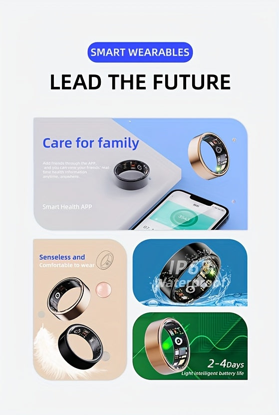 Smart Fitness Ring Bluetooth 5.3 Heart Rate HRV Sleep Steps Calorie Body Temp Stress Tracker No Subscription iPhone Android Compatible Sizes 7-13 Black Silver Gold