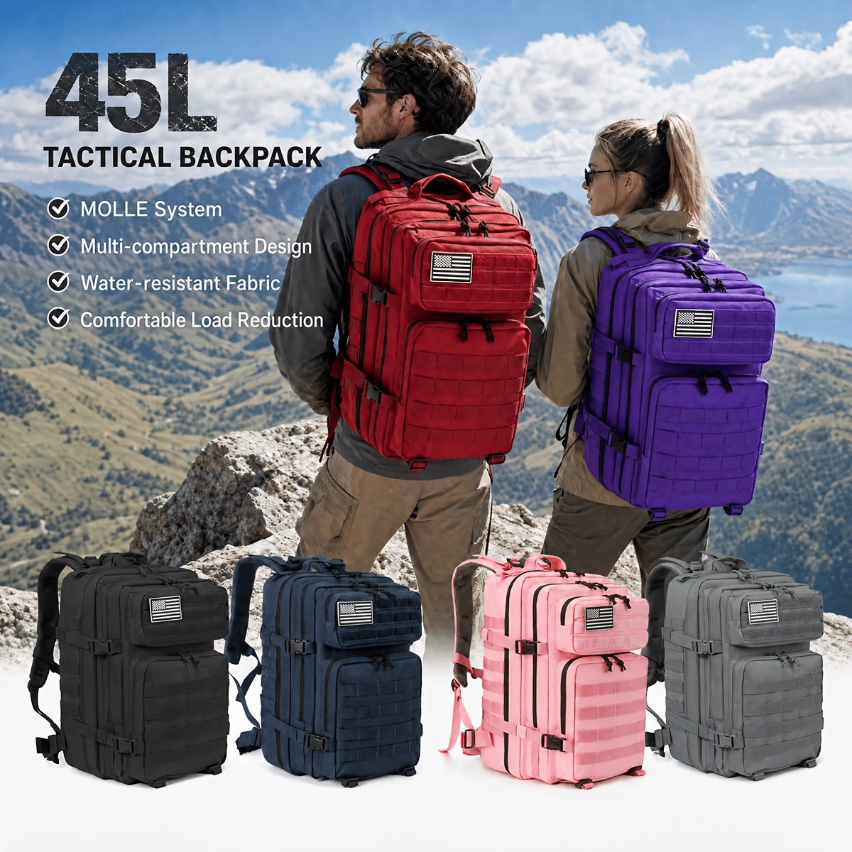 Large Tactical Travel Backpack Carry-On Approved Laptop Compartment Heavy Duty Rucksack Multiple Pockets 13 Colors Hiking Camping School Work Men Women 45L