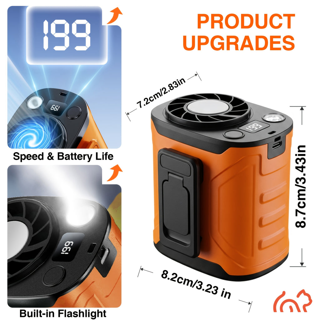 Portable Neck Fan Waist Fan 18000RPM Brushless Motor 199 Speed Settings 5000mAh Battery LED Power Display Outdoor Camping Fishing Hiking Work