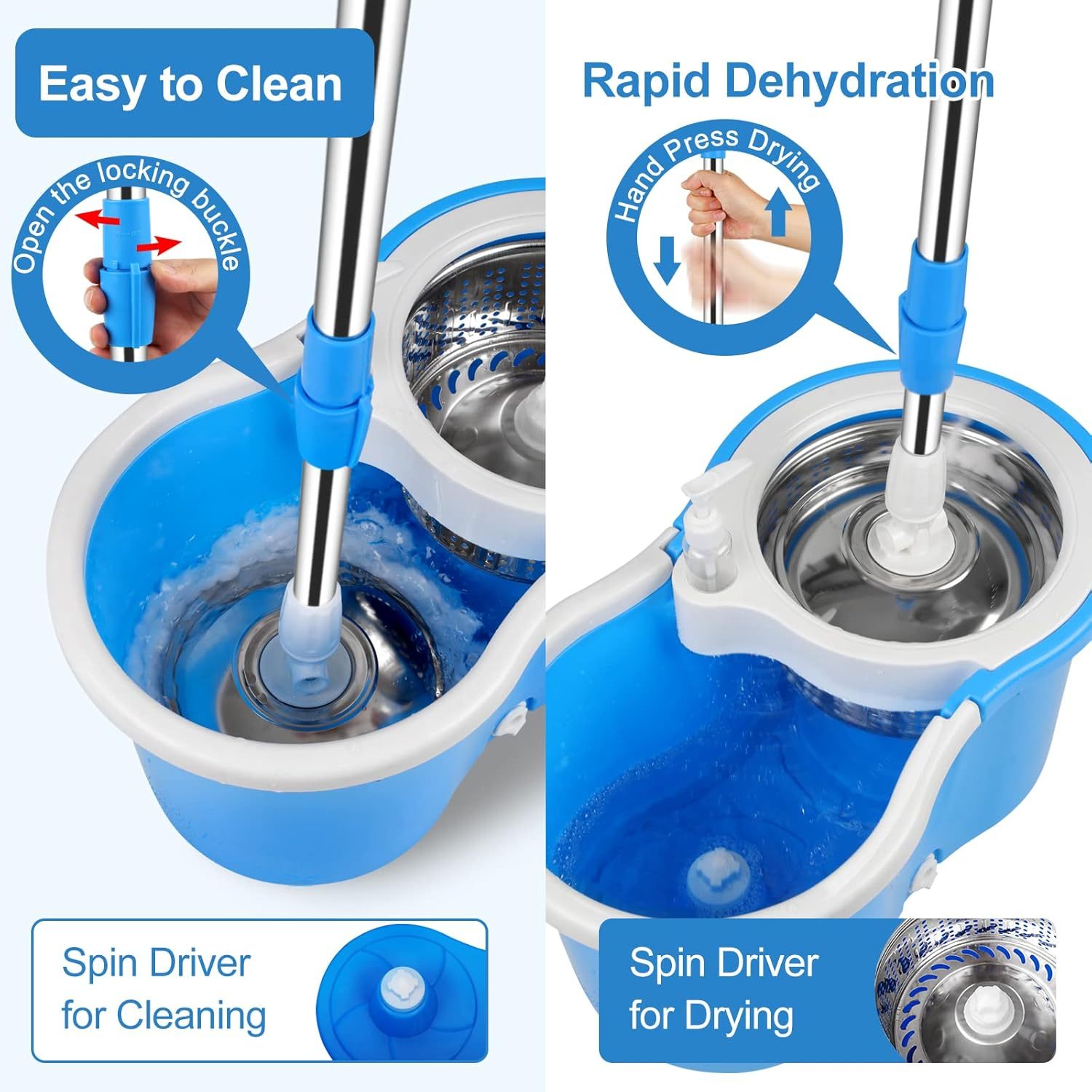 360° Spin Mop and Bucket Set with Wringer - Stainless Steel Handle, Microfiber Refills, Spinning Floor Cleaning System for Hardwood, Tile & Laminate