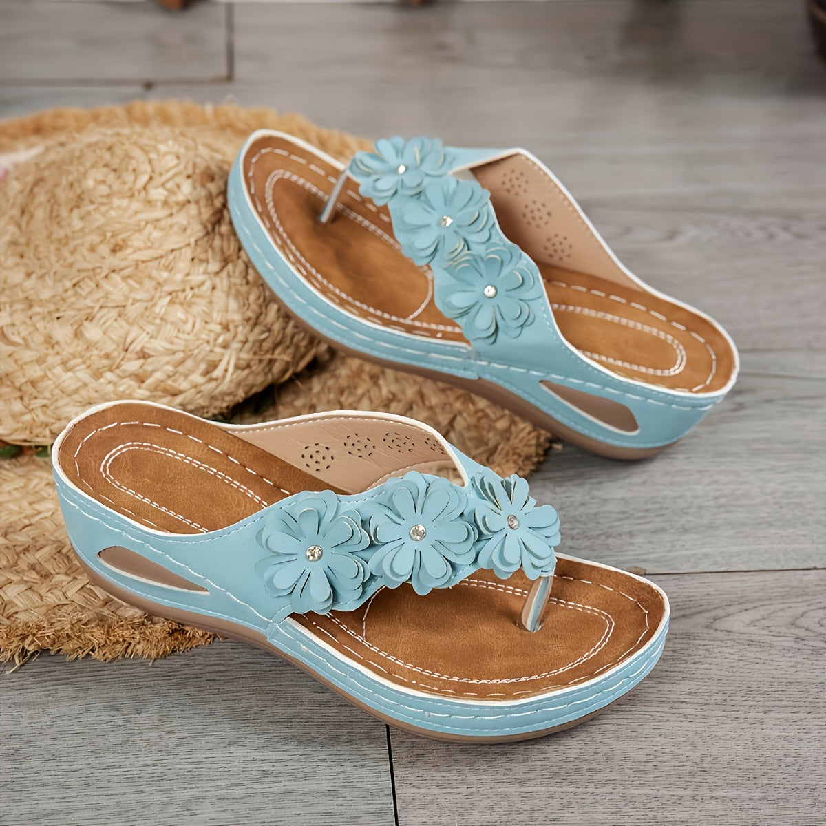 Women's Floral Flip Flops – Casual Open-Toe Flat Sandals with Floral Decoration, Comfortable PU Sole, Slip-On, US 6.5-10, 7 Colors