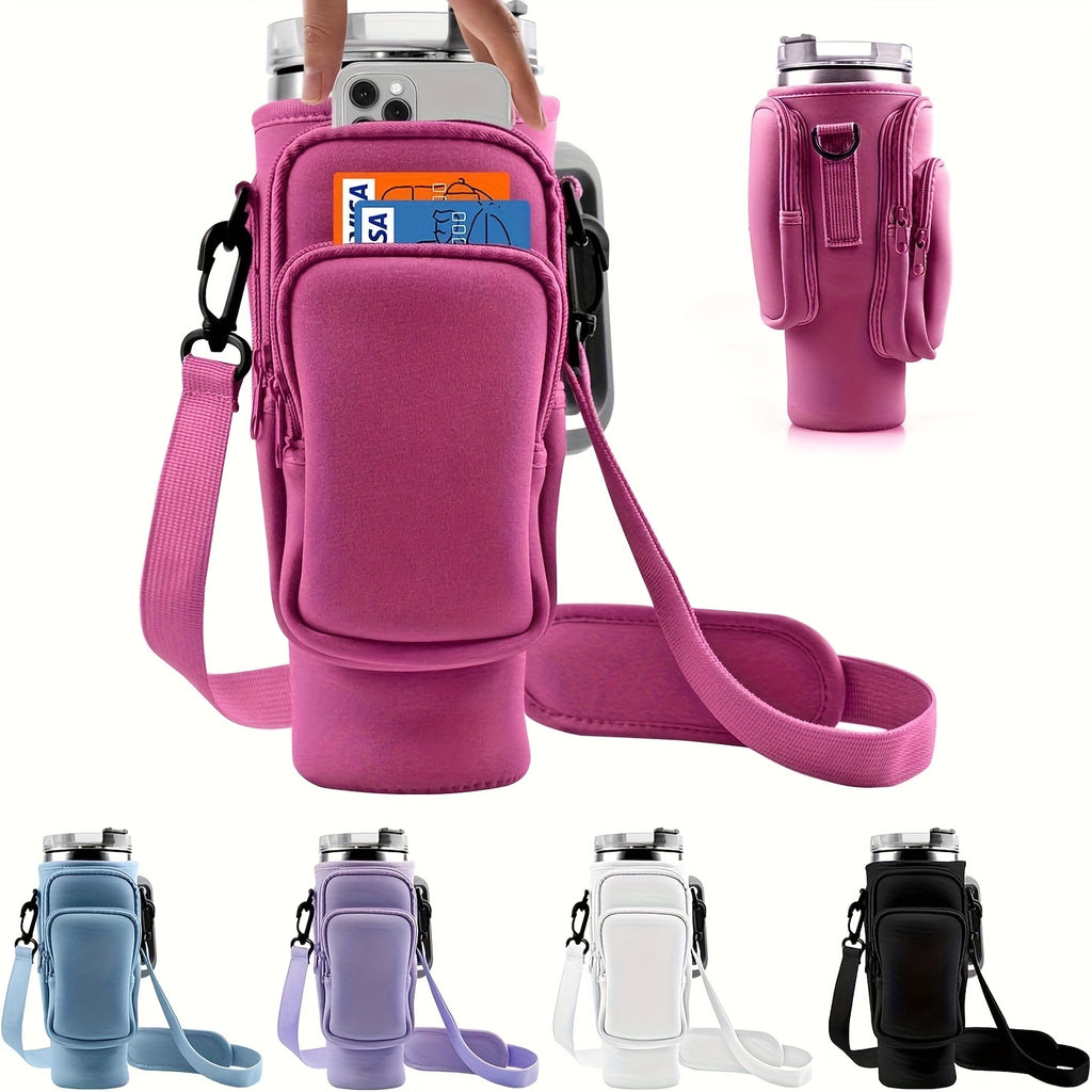 Neoprene Water Bottle Carrier Bag with Phone Pocket for 40oz 30oz Tumbler, 3-Pocket Water Bottle Holder Pouch for Hiking Gym Travel, Fits Stanley Cup Accessories, Father's Day Gift