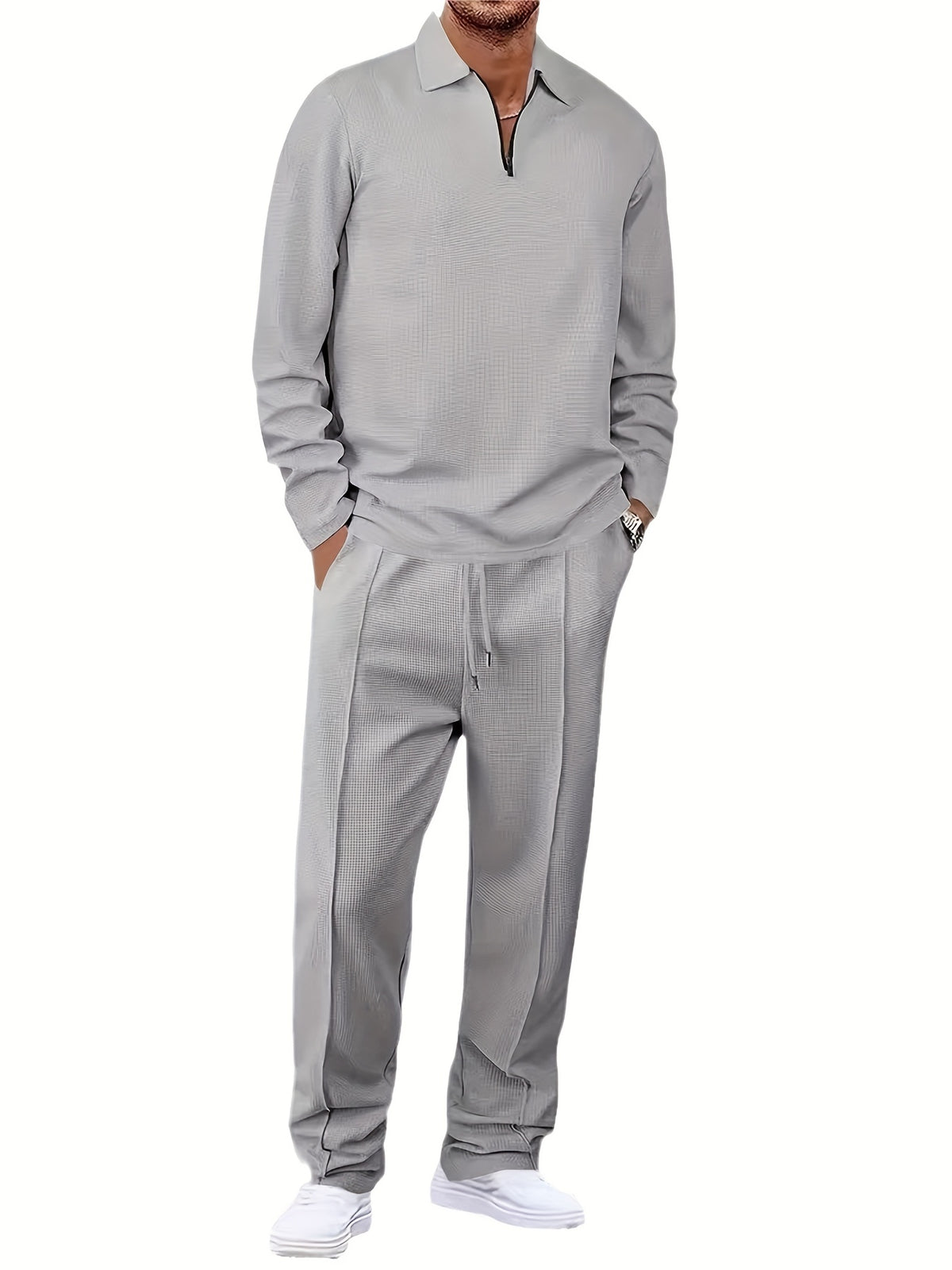 Men's Waffle Long Sleeve Set – 2-Piece Sports & Leisure Tracksuit with Pants, Breathable Polyester Knit, Regular Fit for Spring Autumn Daily Wear, M-XXXL