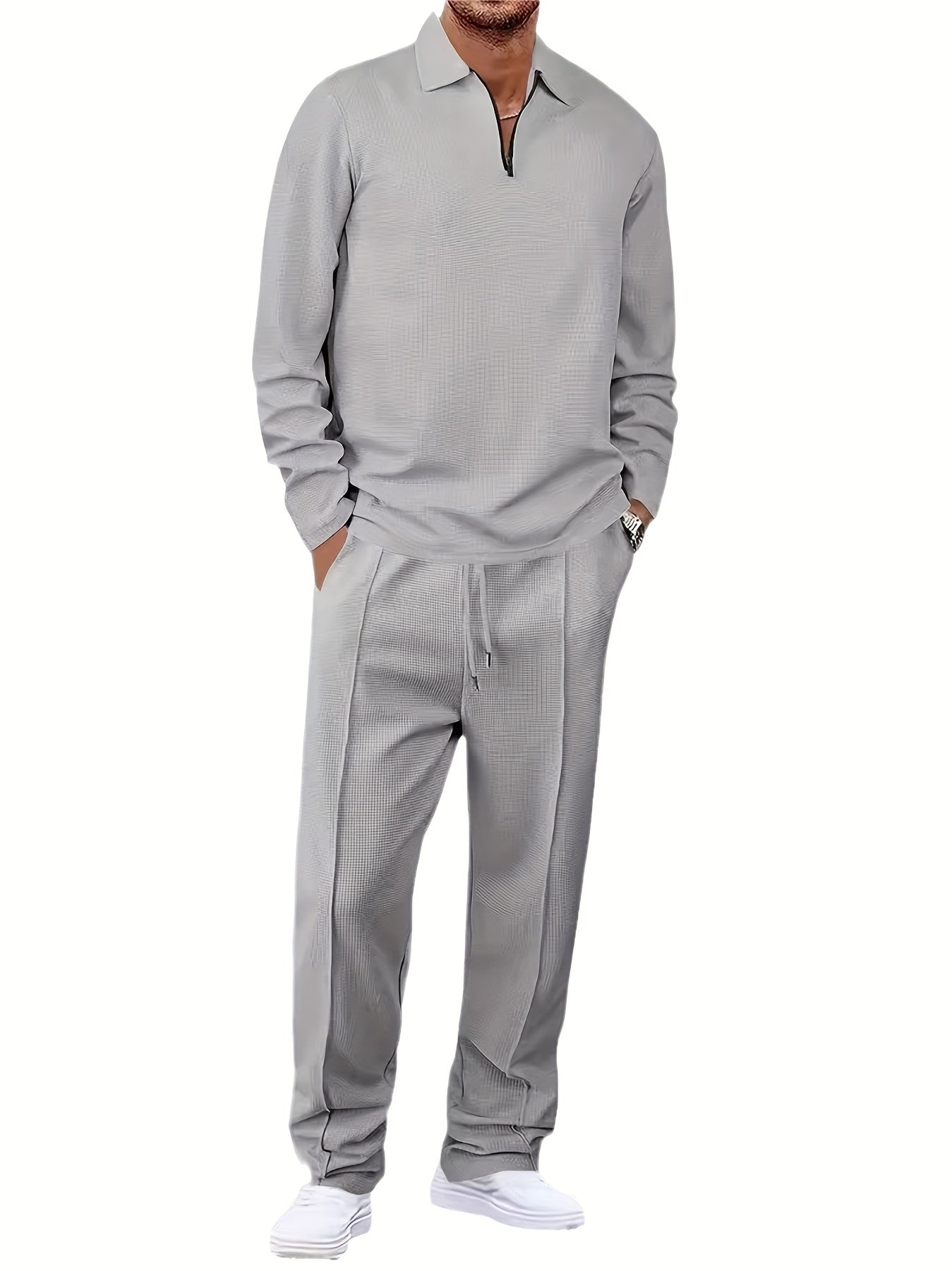 Men's Waffle Long Sleeve Set – 2-Piece Sports & Leisure Tracksuit with Pants, Breathable Polyester Knit, Regular Fit for Spring Autumn Daily Wear, M-XXXL