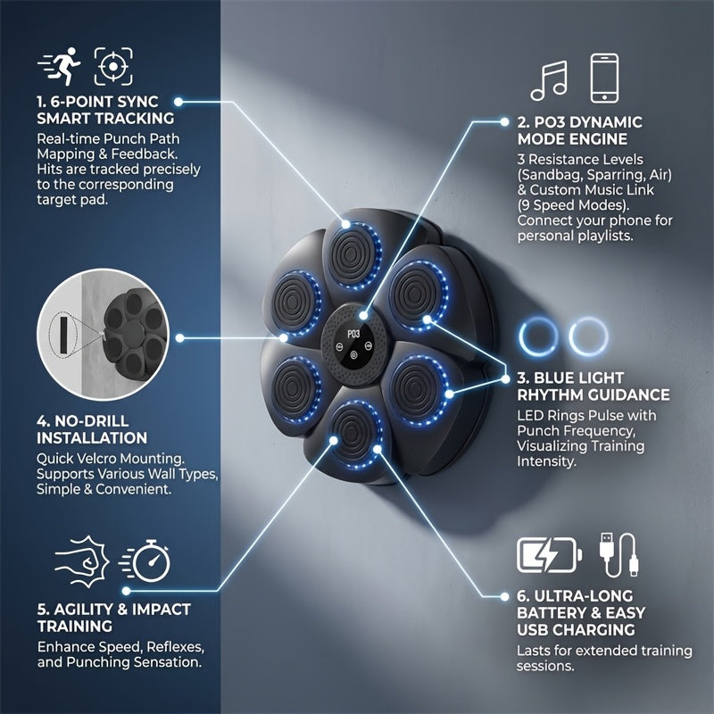 Wall-Mounted Wireless Boxing Machine 9-Speed Adjustable Punch Trainer with Counter LED Lights & Wireless Music – 6 Target Positions Home Gym Boxing Trainer with Gloves – Smart Boxing Pad for Adults