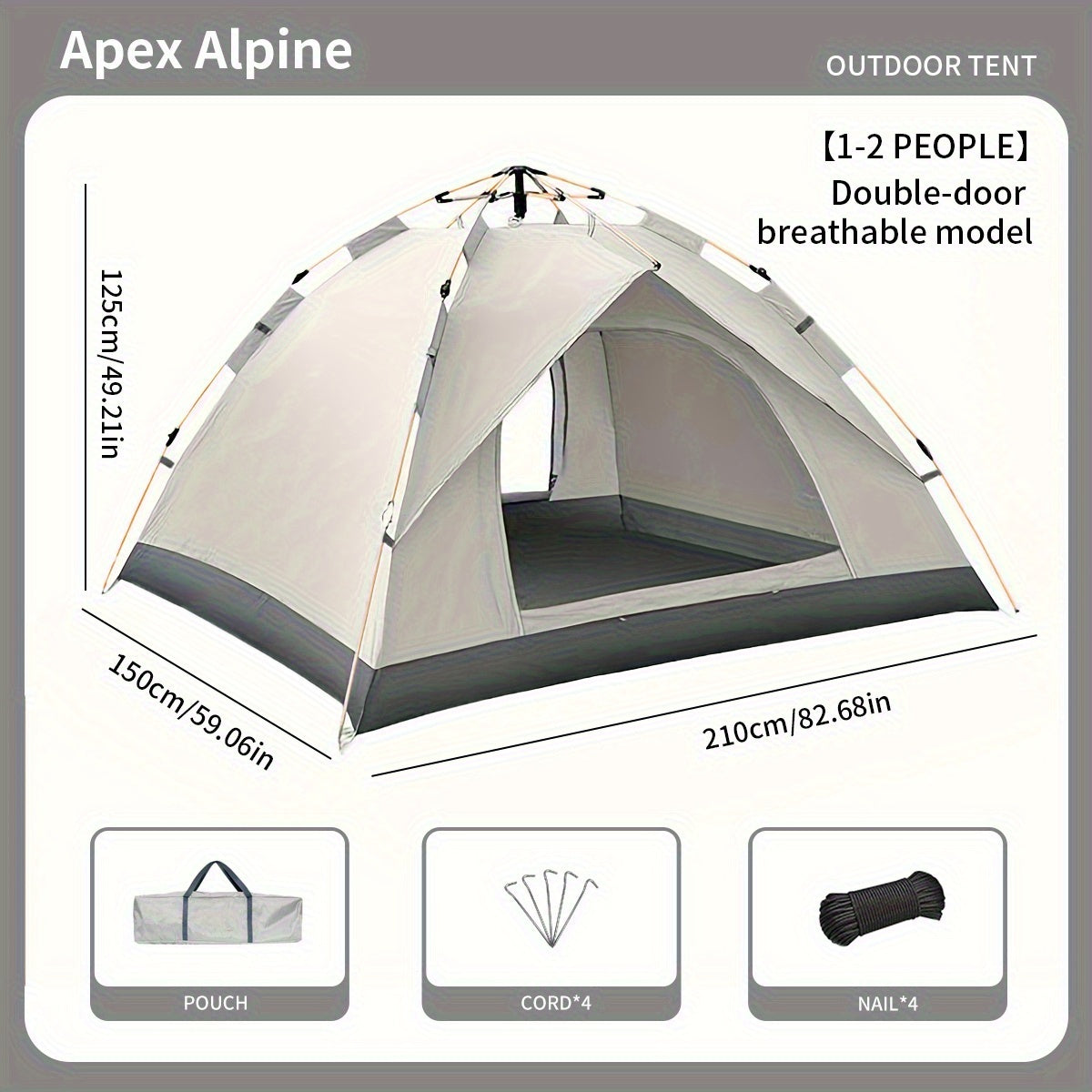 Automatic Pop-Up Camping Tent Windproof Sun-Resistant Portable Foldable 4-Season Tent for Camping Hiking Beach Park Family Vacation Double Door with Windows