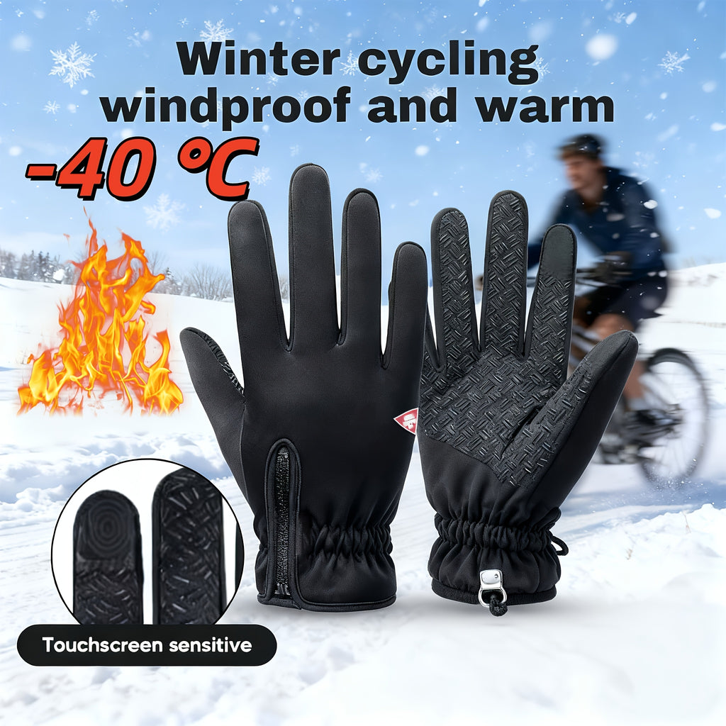 Winter Thermal Gloves Touchscreen Windproof – Fleece-Lined Zipper Closure, Soft Polyamide Knit for Hiking, Skiing & Outdoor Activities | Unisex Black | M–XL