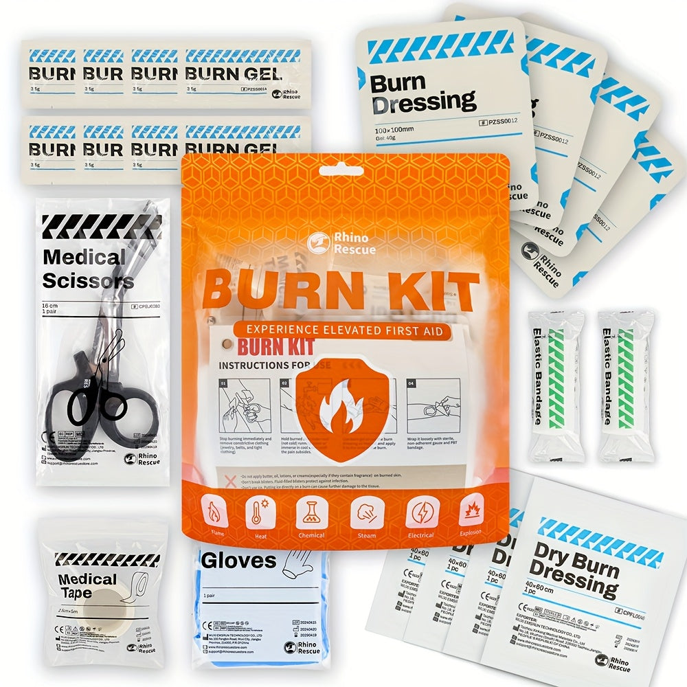 RHINO RESCUE Burn Dressing Kit Emergency Burn First Aid Kit – Portable Burn Care Set for Home Office Car Camping Outdoor – Visible Orange Emergency Burn Treatment Kit for Adults & Families