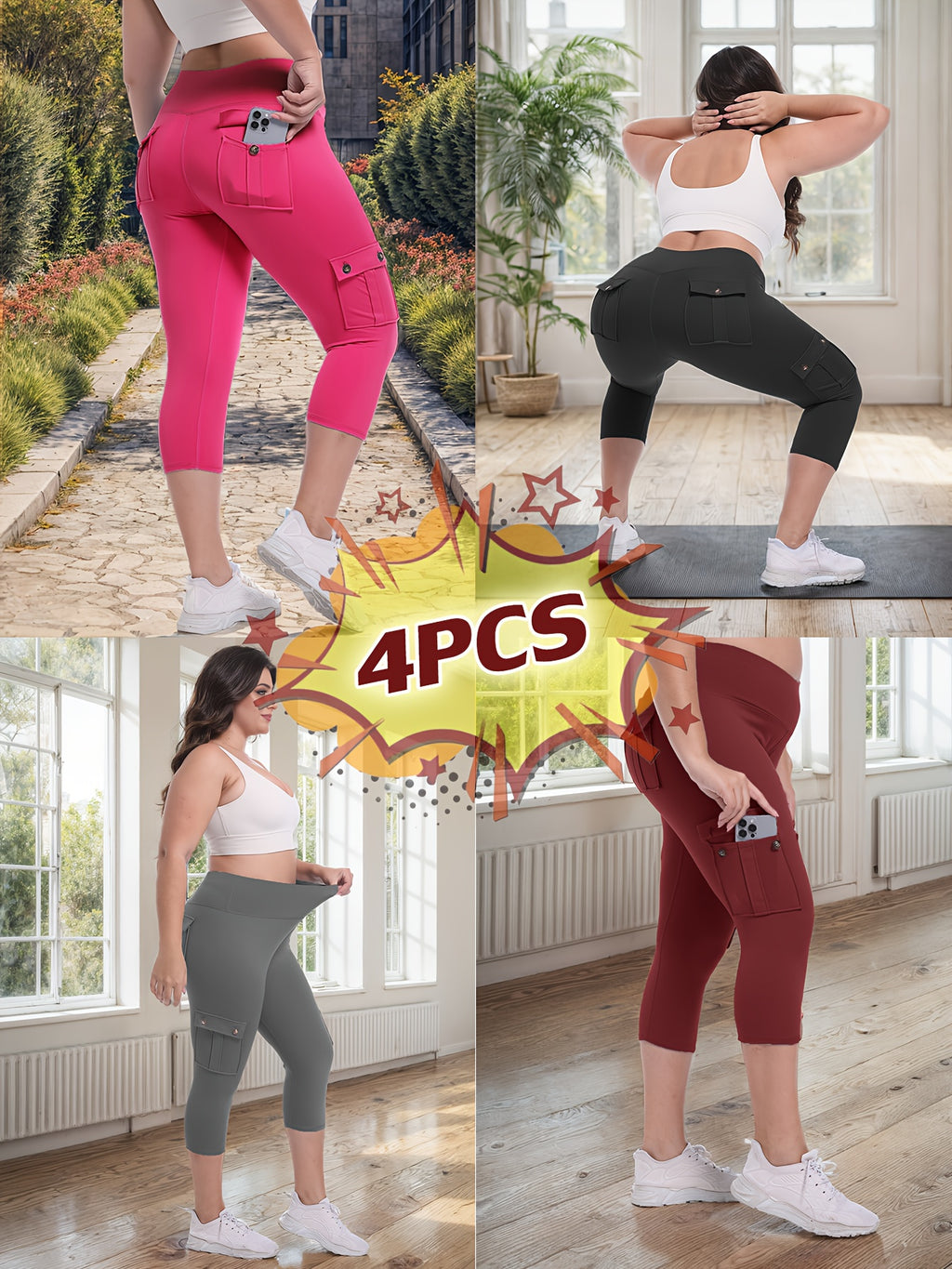 Women's Yoga Capri Pants with Pockets High Waist Butt Lifting Tummy Control – 4-Way Stretch 7/8 Workout Leggings for Running Gym Hiking Pilates 75% Polyester 25% Elastane S M L XL XXL Multi-Color