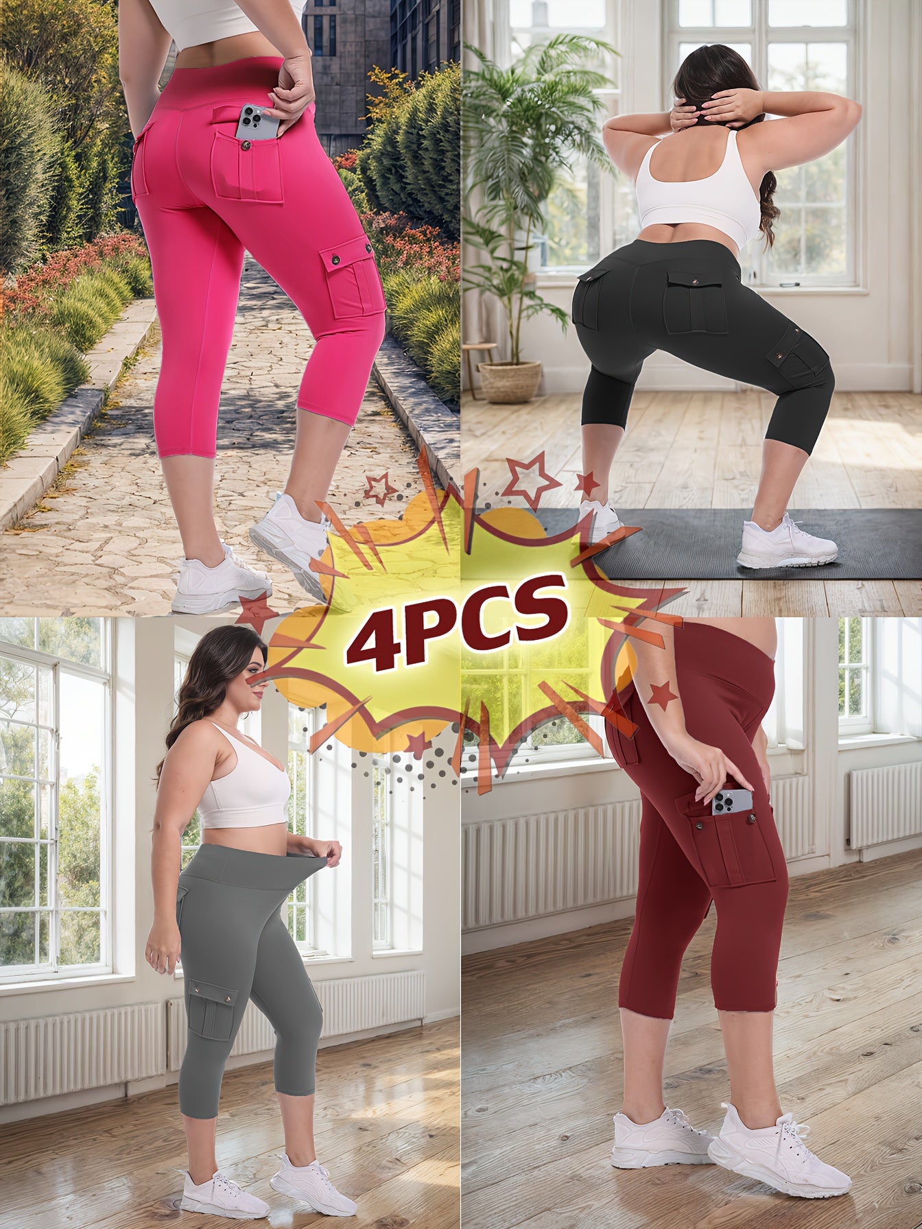 Women's Yoga Capri Pants with Pockets High Waist Butt Lifting Tummy Control – 4-Way Stretch 7/8 Workout Leggings for Running Gym Hiking Pilates 75% Polyester 25% Elastane S M L XL XXL Multi-Color