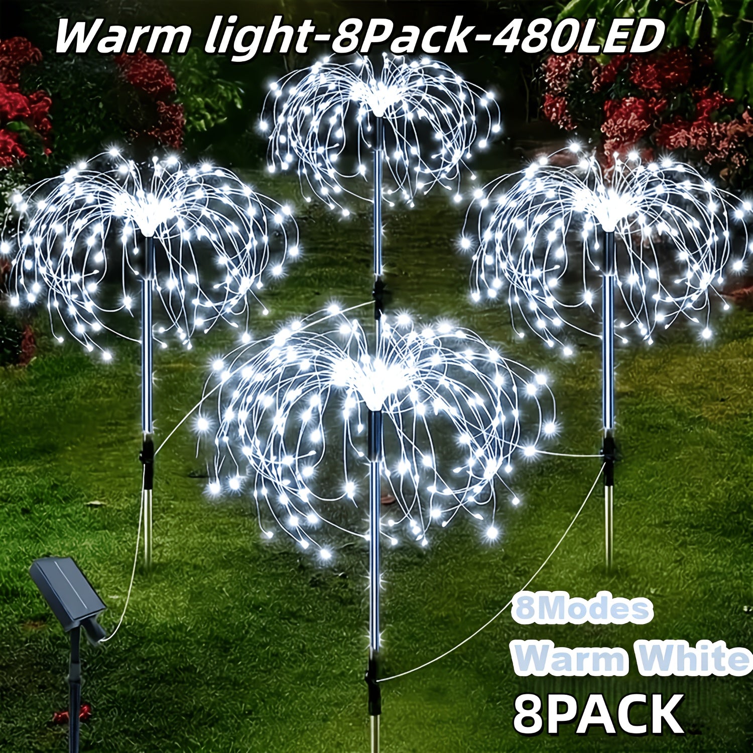 Solar Firework Lights Outdoor 8-Pack – 480 LED, IP65 Waterproof, 8 Lighting Modes, Solar Powered Stake Lights for Garden, Lawn, Pathway & Patio | Christmas, Halloween & Holiday Decor