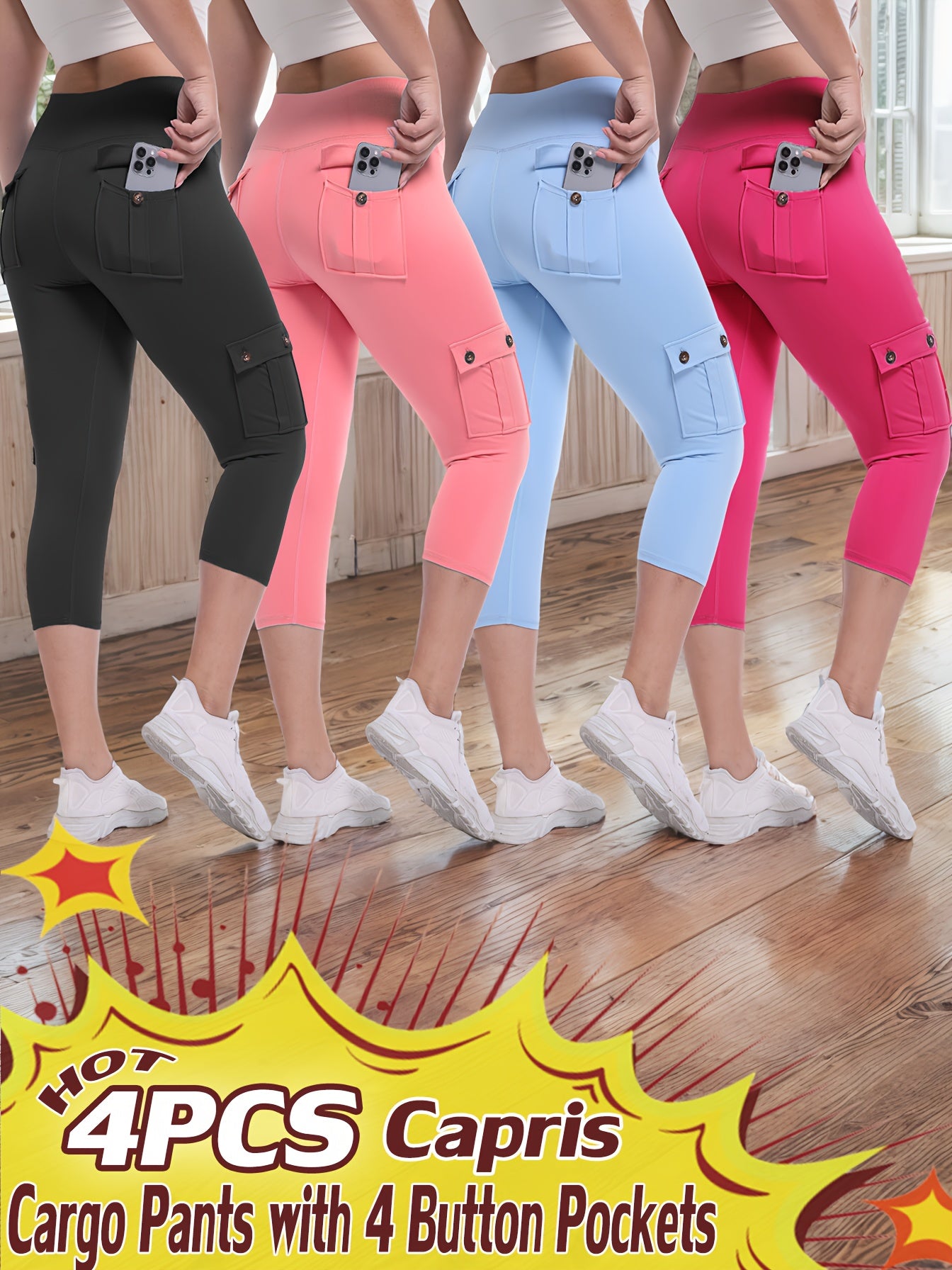 Women's Yoga Capri Pants with Pockets High Waist Butt Lifting Tummy Control – 4-Way Stretch 7/8 Workout Leggings for Running Gym Hiking Pilates 75% Polyester 25% Elastane S M L XL XXL Multi-Color