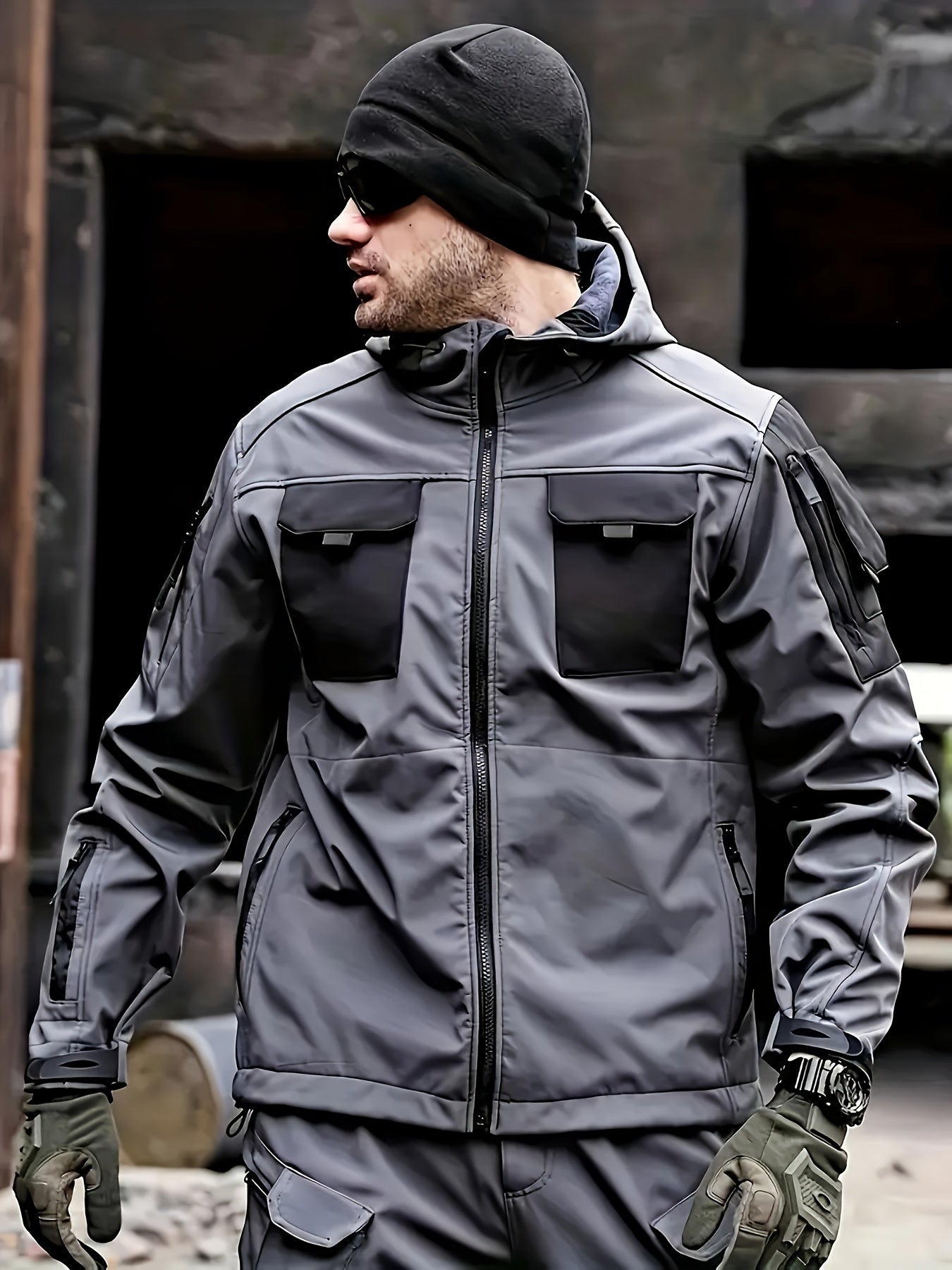 Men's Tactical Jacket Windproof Ripstop Hooded Shell Jacket with Multiple Utility Pockets for Camping Survival Hiking Outdoor Training Sizes S-XXXL Black Green Grey