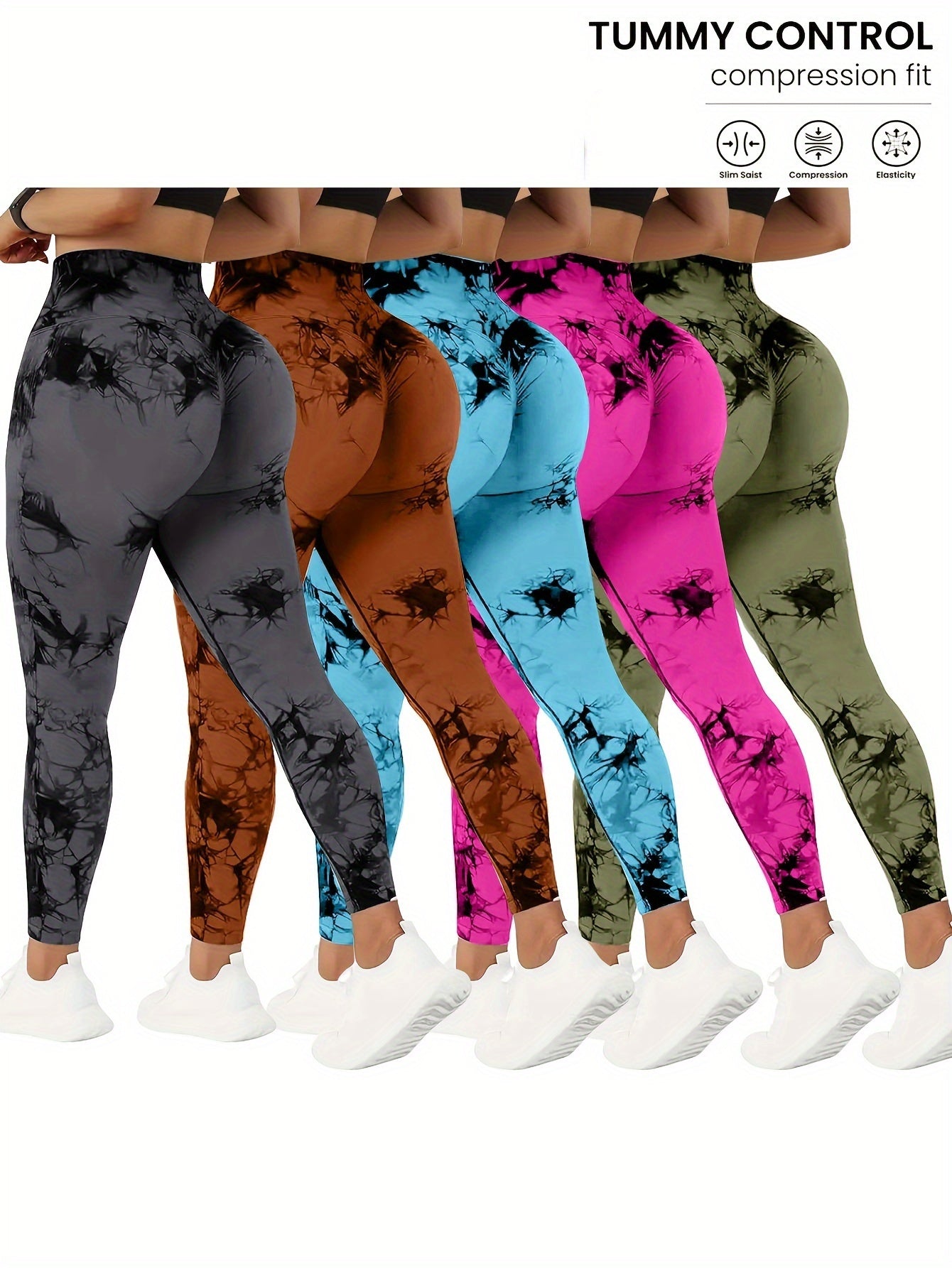 Tie Dye Yoga Pants 5-Pack for Women High Waist Tummy Control Peach Lift Leggings – 4-Way Stretch Running Tights Fitness Workout Pants Squat Proof Non-See-Through Polyamide Leggings S M L XL Multi-Color Sets