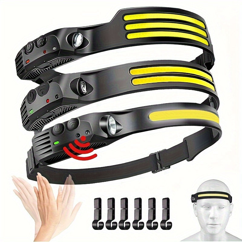 Rechargeable Headlamp 3-Pack COB LED 230° Wide Beam 5 Modes Motion Sensor USB Headlamps for Adults Camping Hiking Work Hard Hat with 6 Hooks