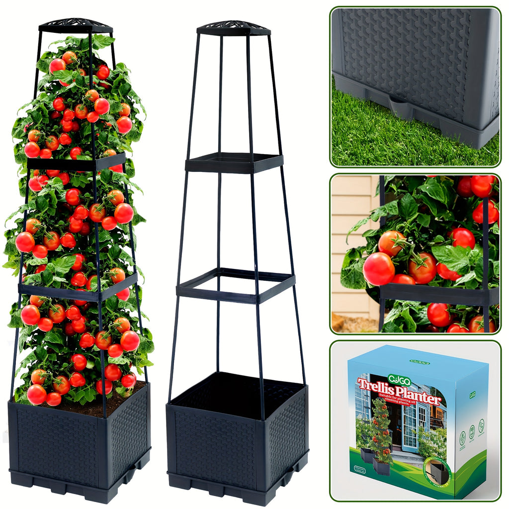 Garden Planting Box with Self-Watering Tomato Cage Lightweight Plastic Stripe Pattern – Indoor Outdoor Climbing Plant Planter 44.8 & 57 Inch 1 or 2 Pack