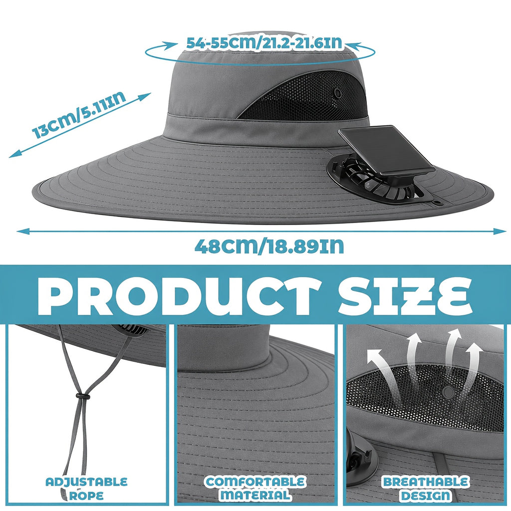 Solar Powered Cooling Fan Hat Wide Brim Dual Fans Adjustable Breathable Sun Hat for Men Women Outdoor Travel Garden Work Black Grey Khaki Camouflage