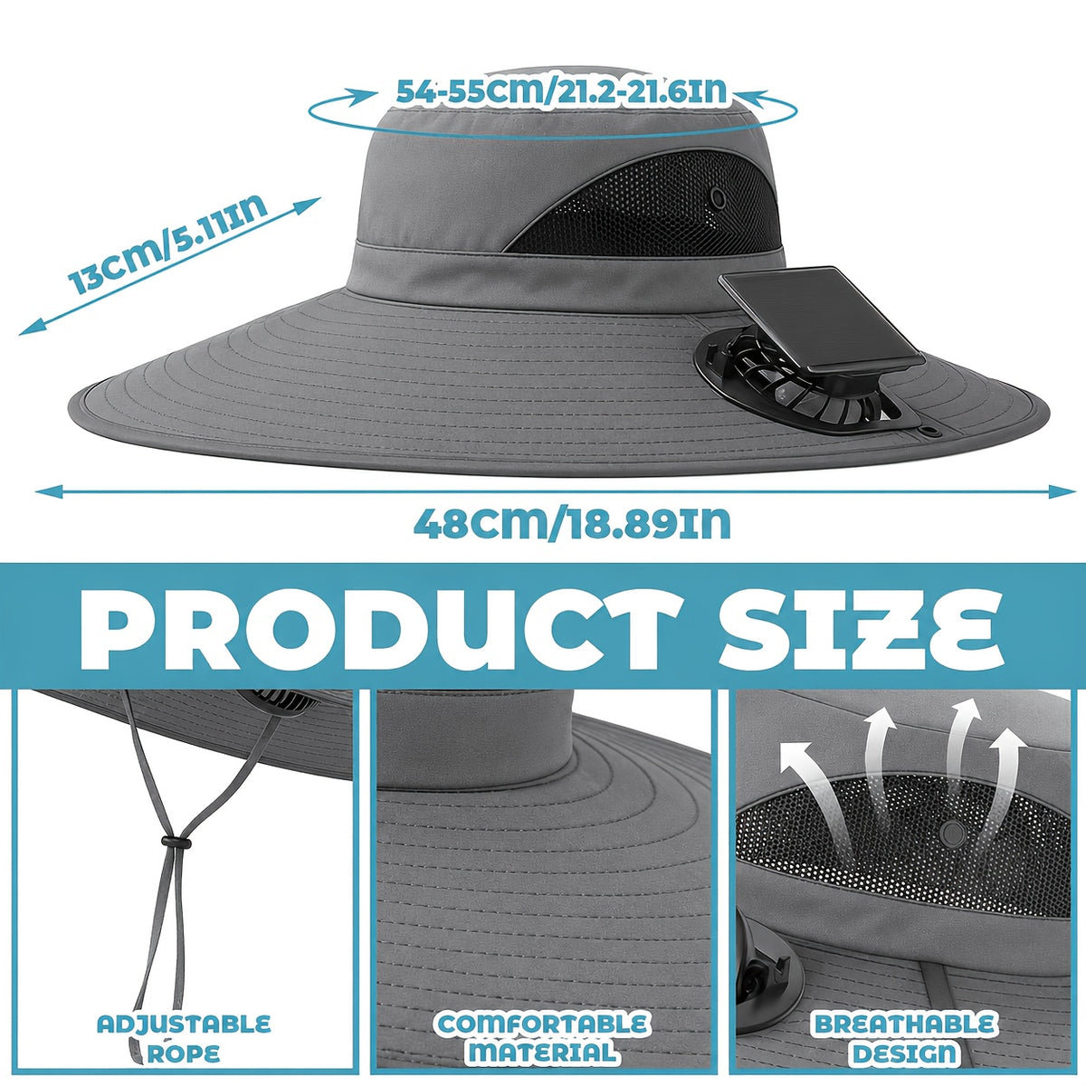 Solar Powered Cooling Fan Hat Wide Brim Dual Fans Adjustable Breathable Sun Hat for Men Women Outdoor Travel Garden Work Black Grey Khaki Camouflage