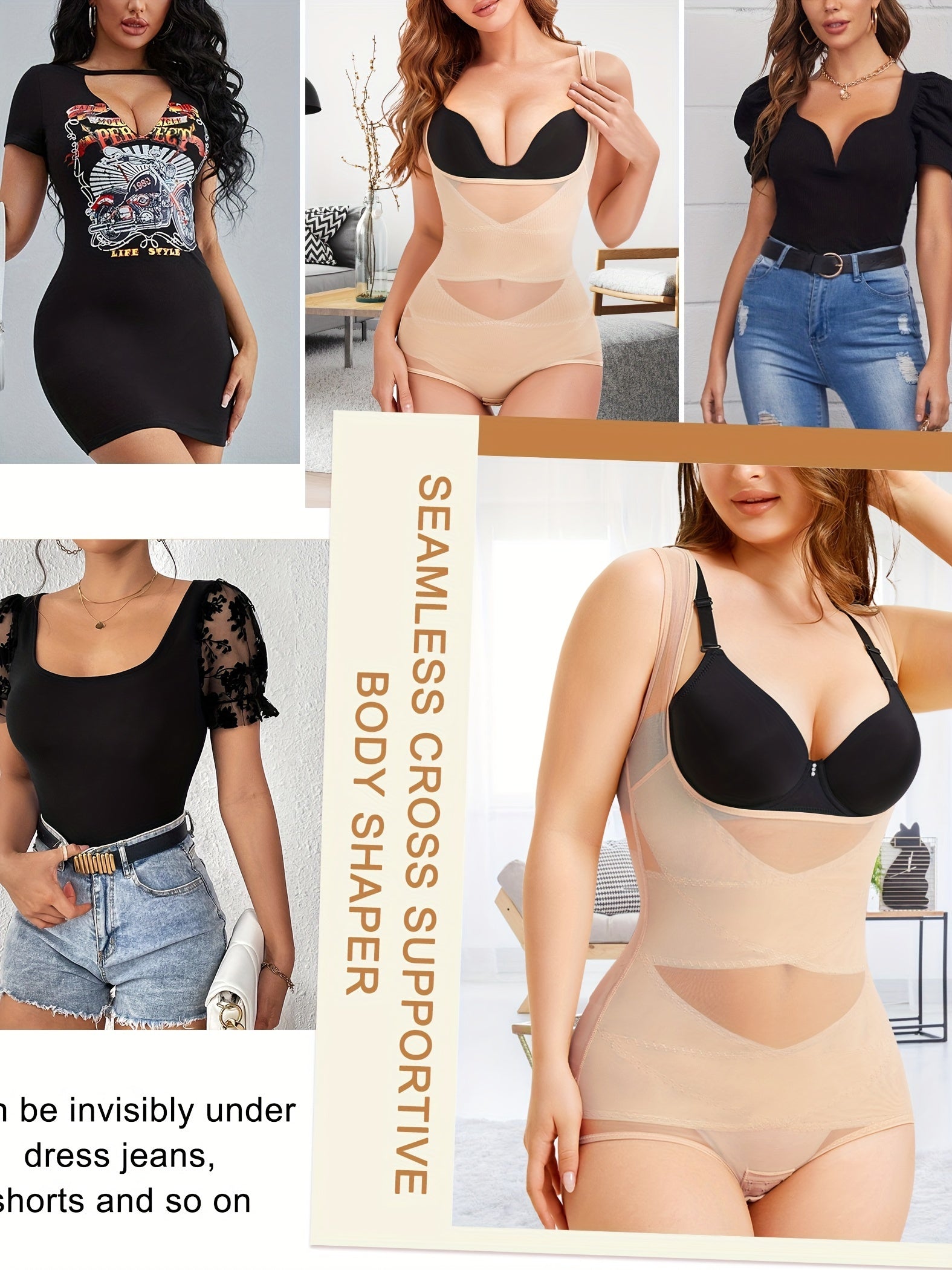 Women's Shapewear Bodysuit with Tummy Control – High-Waist Butt Lifter, U-Shape Push Up, Wide Straps, Breathable Nylon Body Shaper, 5 Colors, Sizes S-XXL