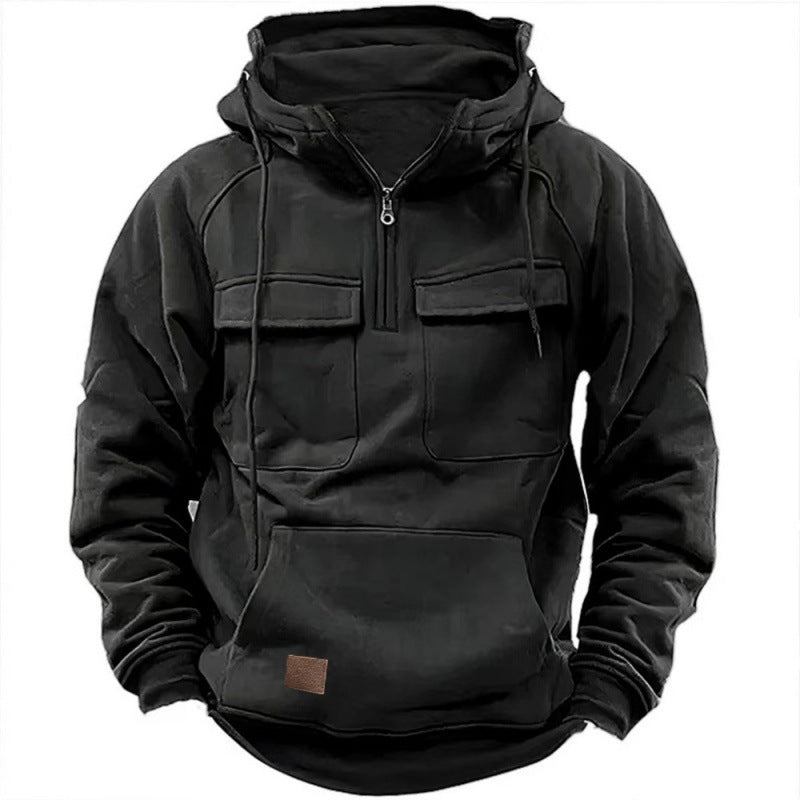 Men's Tactical Quarter Zip Hoodie Cargo Pullover Sweatshirt Outdoor Workout Gym Hooded Jacket Dark Brown