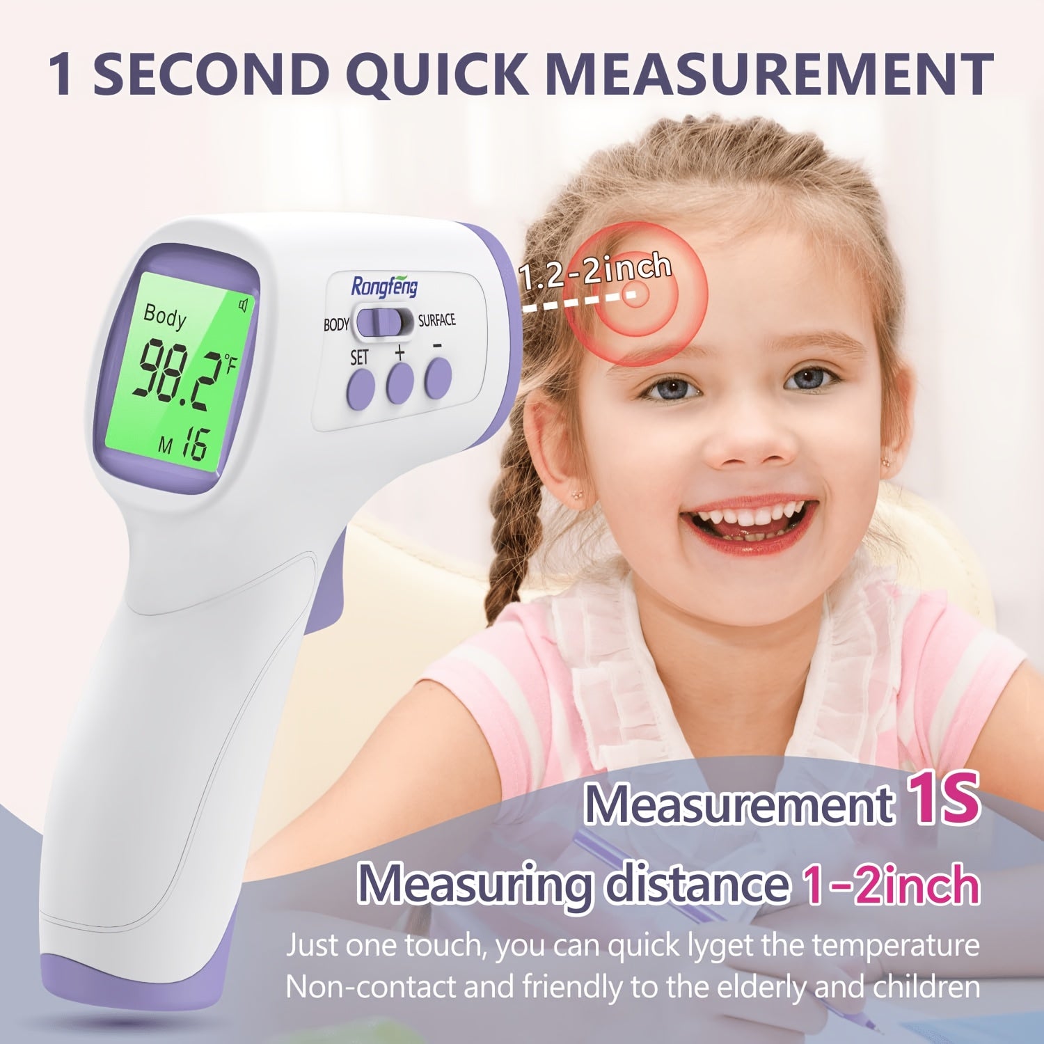 No-Touch Forehead Thermometer for Adults & Kids – Infrared Digital Thermometer with Fever Alarm, 3-Color Backlit, 28 Memory Recall, Fast 1-Second Reading, Baby & Family Home Use