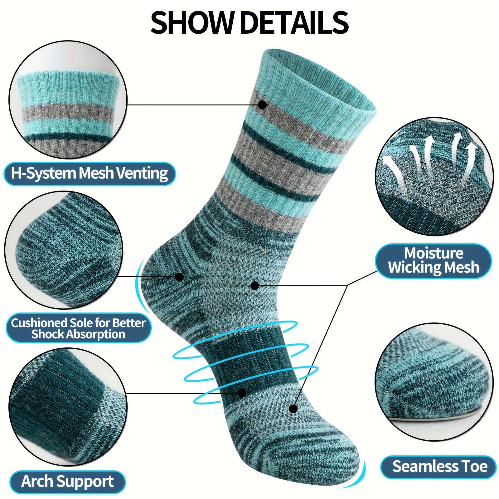 Merino Wool Hiking Socks 5 Pairs Men Women Compression Cushion Breathable Outdoor Trail Running Camping Festival Gift Socks