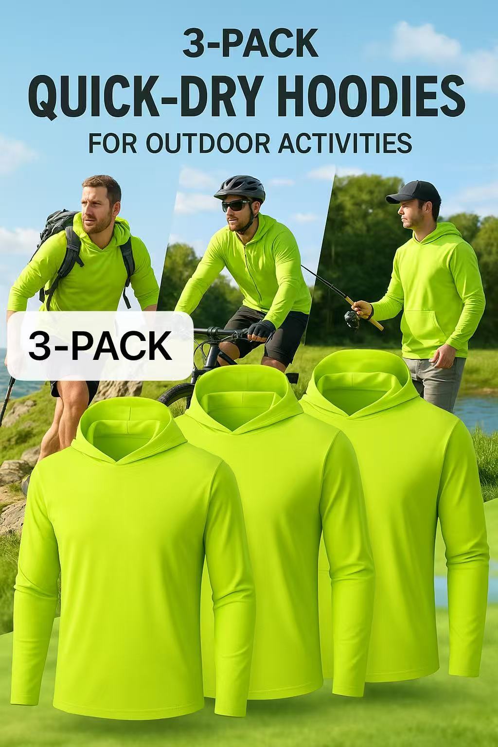 UPF 50+ Sun Protection Hoodie Shirt for Men 3-Pack Long Sleeve Moisture-Wicking Quick Dry Breathable Lightweight Performance T-Shirt for Hiking Fishing Running Outdoor Workout S-XXXL