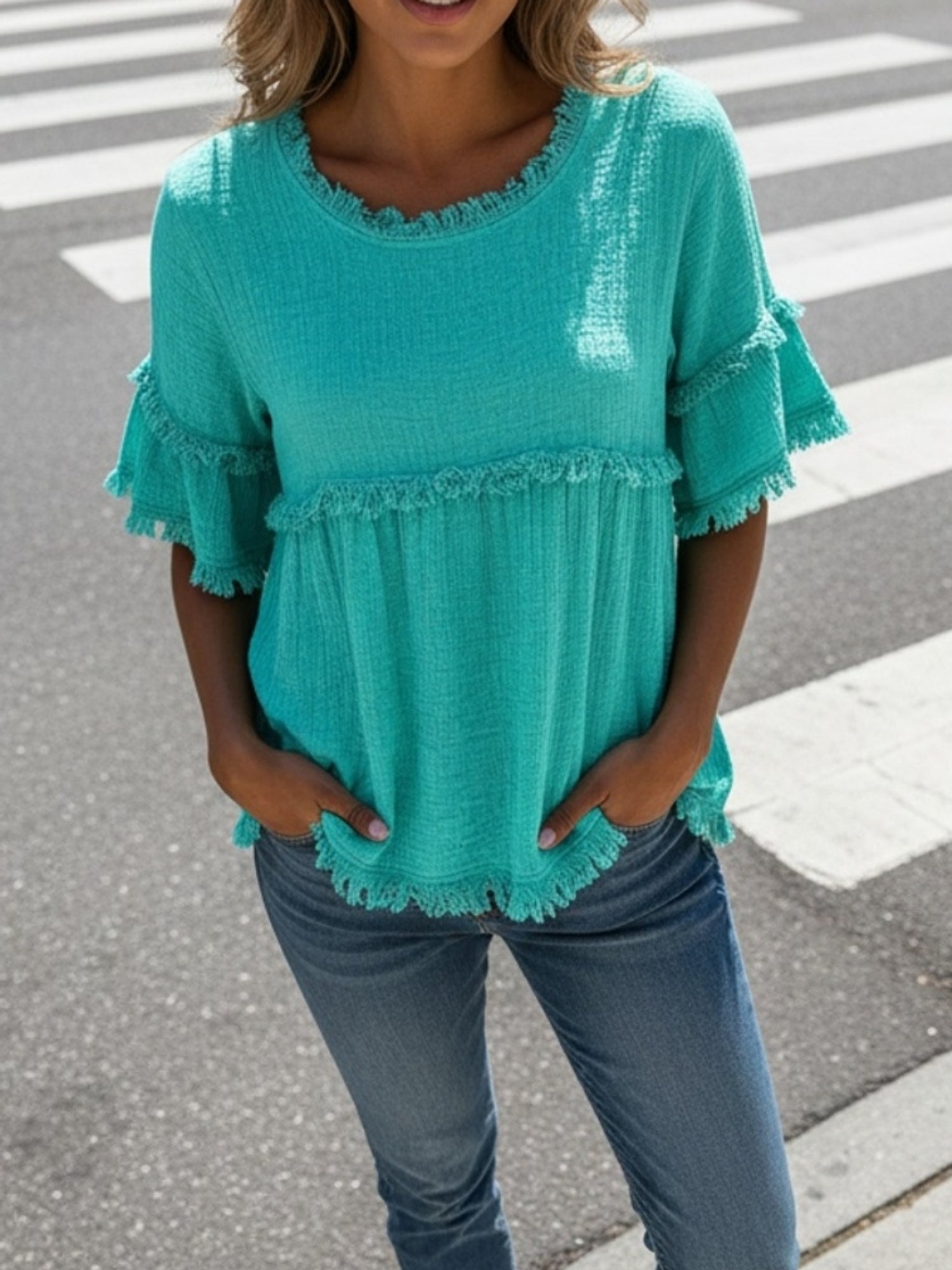 Women's Fringed Trim Short Sleeve Casual Blouse – Soft Knit Crew Neck Top for Summer, Beach & Everyday Wear | Royal Blue, Aquamarine, Sky Blue, Grey, Green (S-XXL)