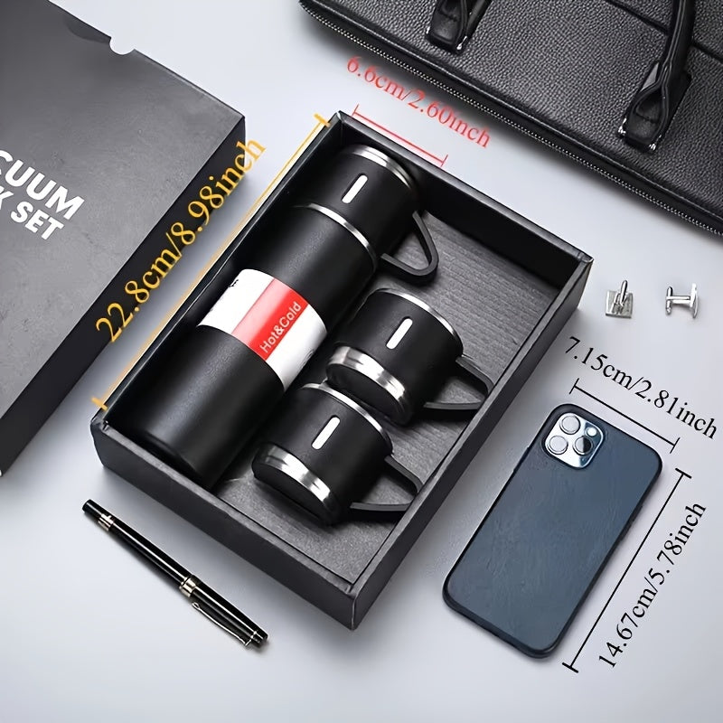 Stainless Steel Cup Set 4 Piece – 500ml Insulated Water Bottle with 3 Small Cups & 3 Lids Hot Cold Drinks Travel Tumbler Gift Set for Office School Outdoor