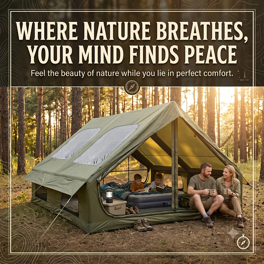 Inflatable Glamping Tent for 4-6 Person – 4-Season Large Luxury Air Tent with Optional Skylight & Stove Jack, Manual Pump Included, Windproof Family Camping Shelter (6.3-12 sqm)
