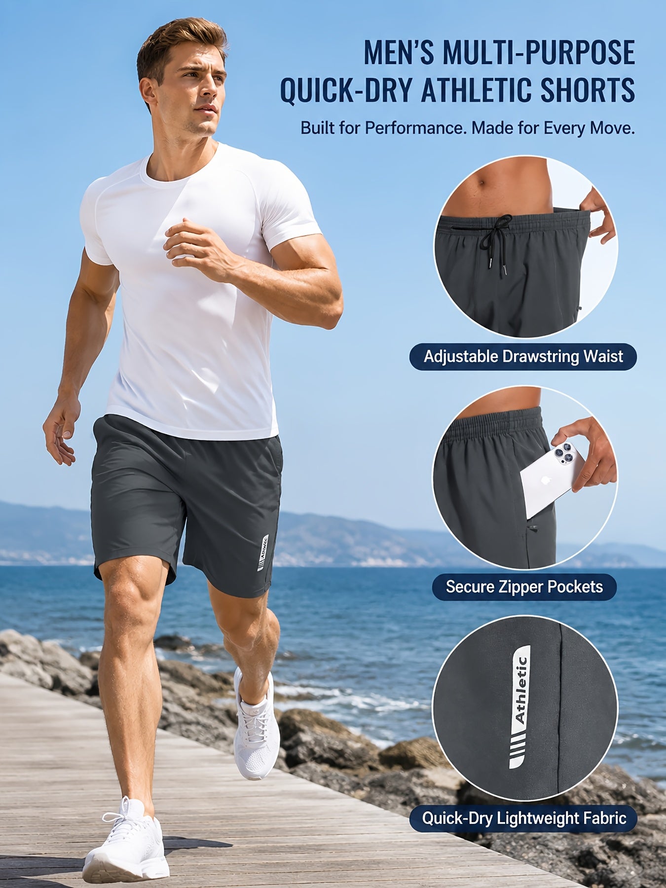 Men's Sports Gym Workout Shorts 5 Pack Basketball Shorts Quick Dry Elastic Waistband Side Zip Pocket S-XXL