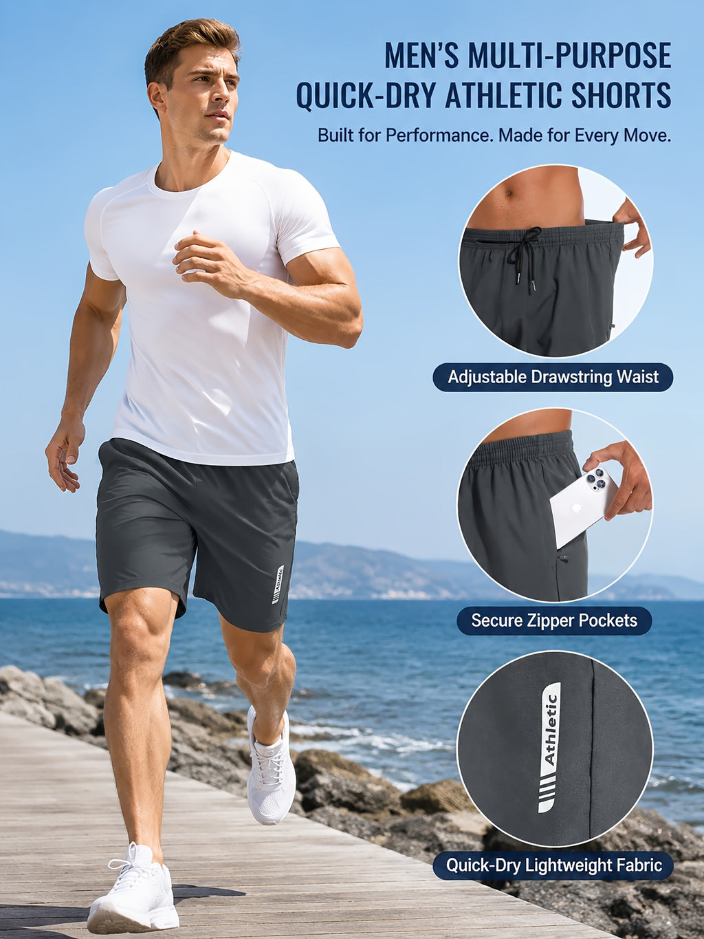 Men's Sports Gym Workout Shorts 5 Pack Basketball Shorts Quick Dry Elastic Waistband Side Zip Pocket S-XXL