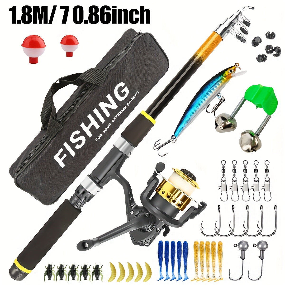 Fishing Rod and Reel Combo Beginner Starter Kit Telescopic Spinning Rod with Hard Soft Baits Accessories Box Bag Ambidextrous 70-83 Inch