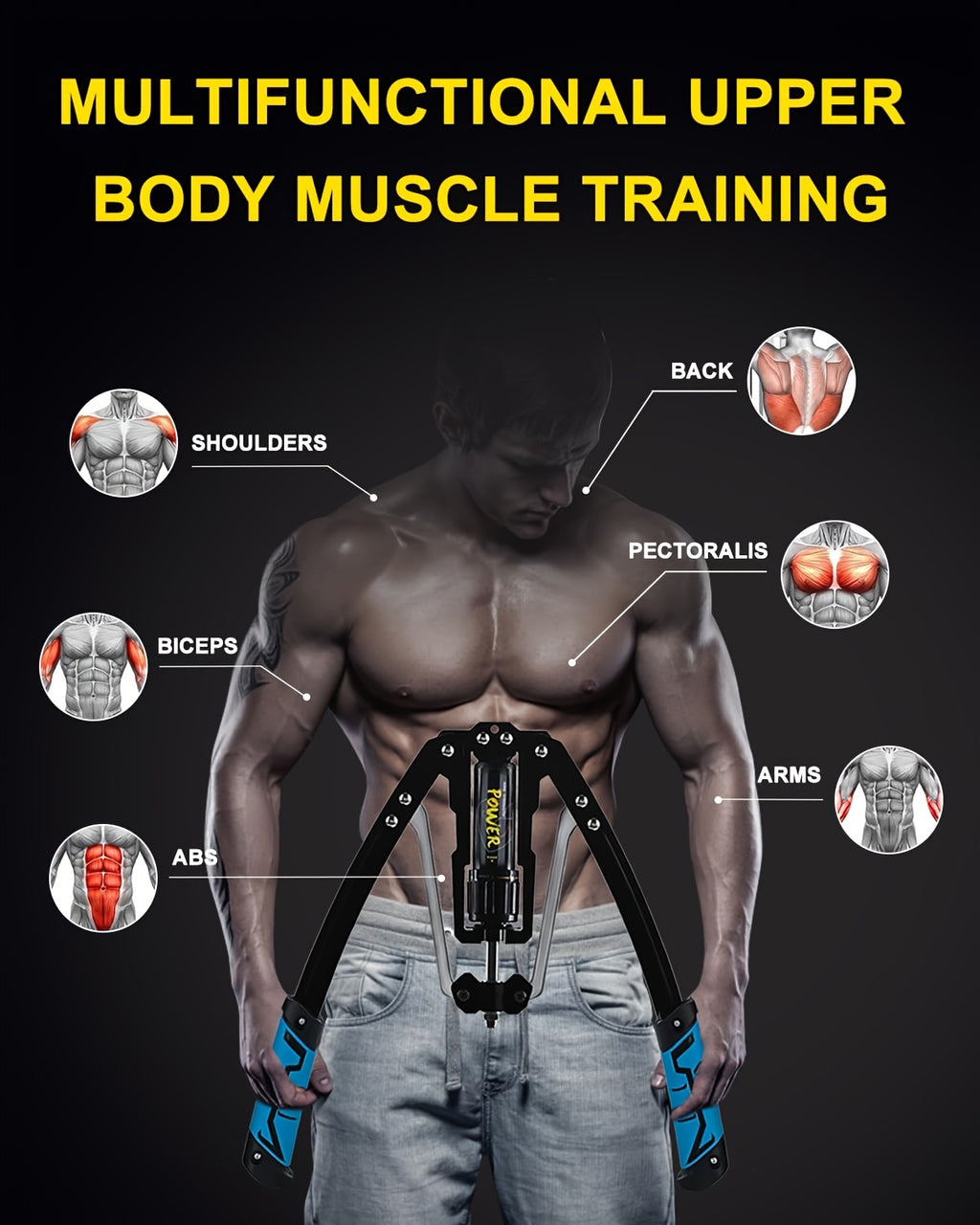 Hydraulic Arm Trainer 22-440 lbs 20-Level Resistance Home Gym Upper Body Strength Machine Chest Shoulder Back Bicep Foldable Carbon Steel Non-Slip