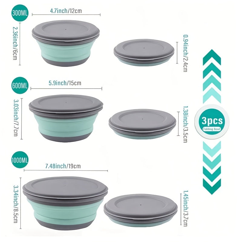 Foldable Camping Bowls with Lids 3-Pack – Collapsible Silicone Food Containers, Rust-Proof PP, Folding Utensils & Storage Bag Included | Stackable Camp Kitchen Bowls | Blue & Pink
