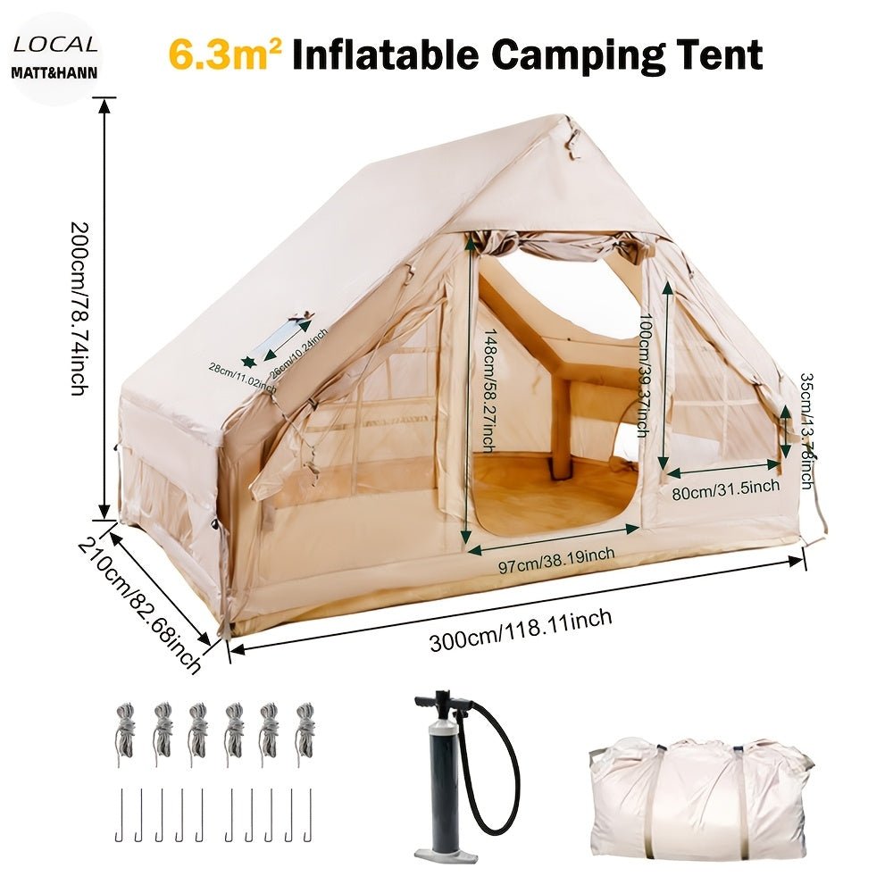 Inflatable Glamping Tent for 4-6 Person – 4-Season Large Luxury Air Tent with Optional Skylight & Stove Jack, Manual Pump Included, Windproof Family Camping Shelter (6.3-12 sqm)