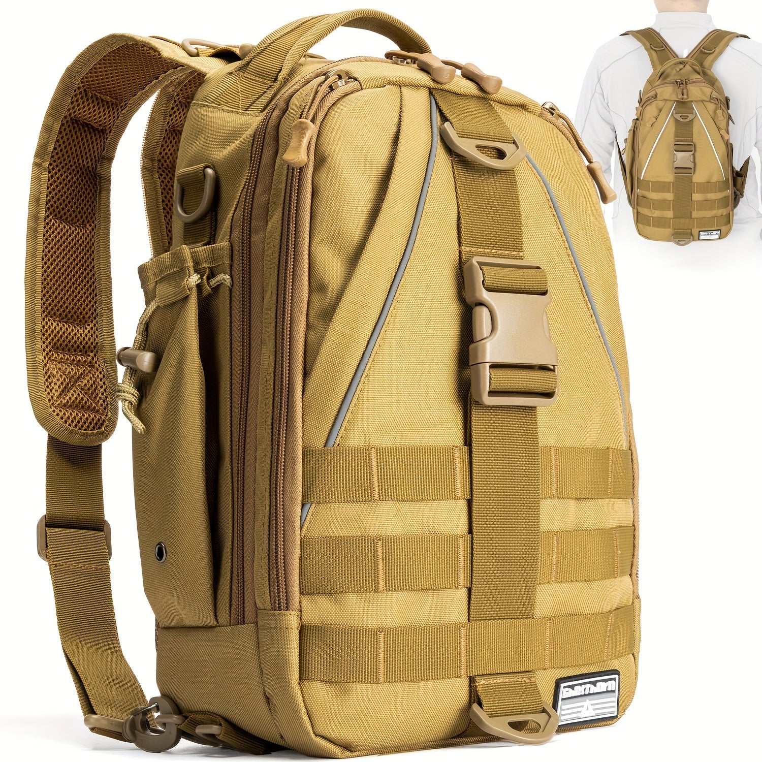 Tackle Sling Bag with Rod Holder for Men & Women – Fishing Backpack Daypack, Multi-Pocket Fly Fishing Bag, Camouflage Khaki Black, Standard & Large, Best Fishing Gift for Dad