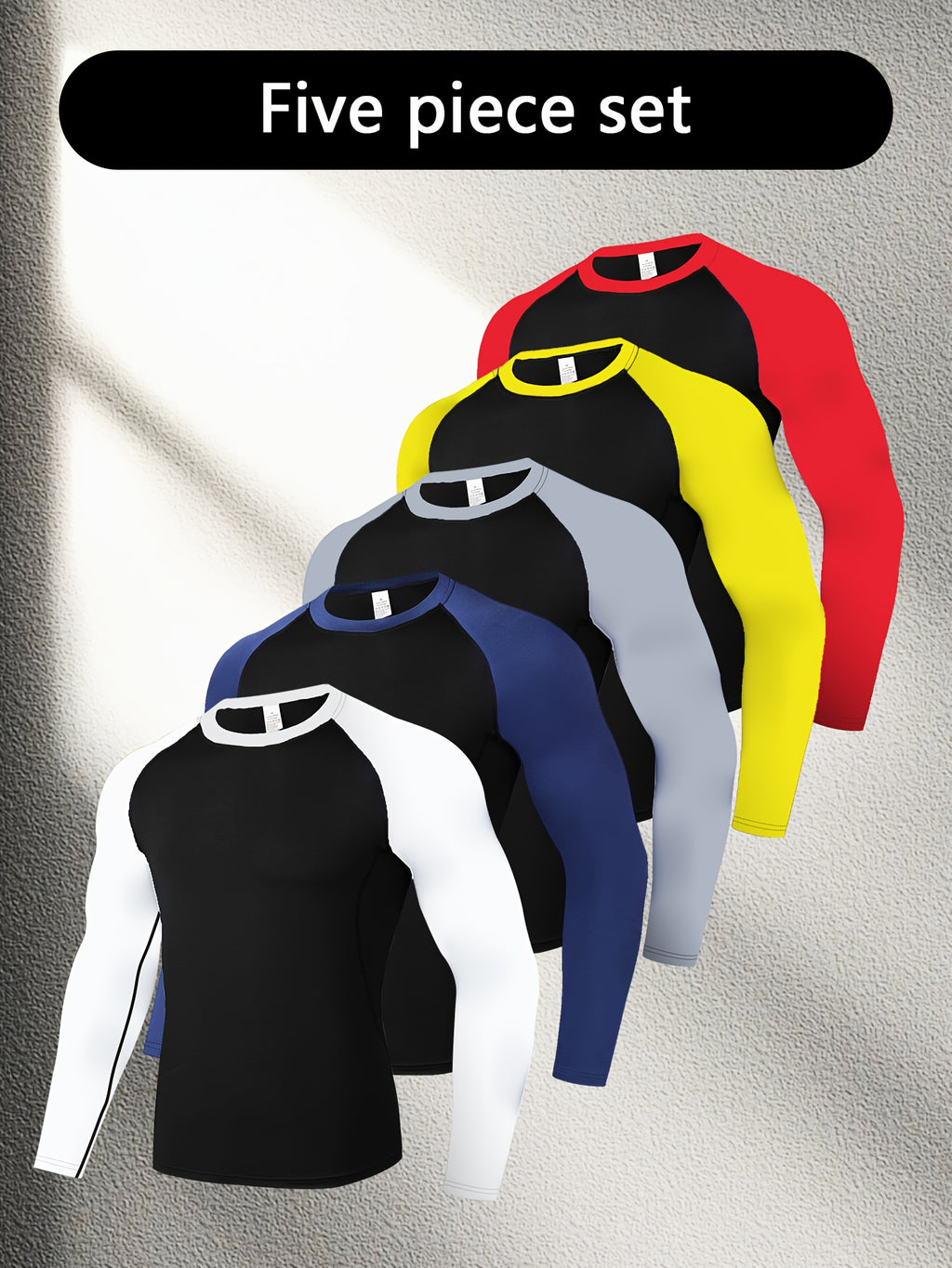 Men's Long Sleeve Athletic Shirt 5 Pack – Color-Blocked Breathable Quick-Dry High Elasticity Compression Top for Running Basketball Gym Casual Wear, S-XXXL