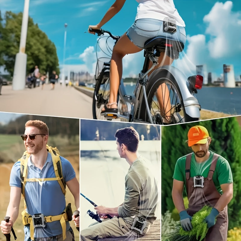 10000mAh Portable Waist Clip Fan Rechargeable Hands-Free Cooling Fan Digital Display LED Flashlight Power Bank for Outdoor Work Camping Hiking