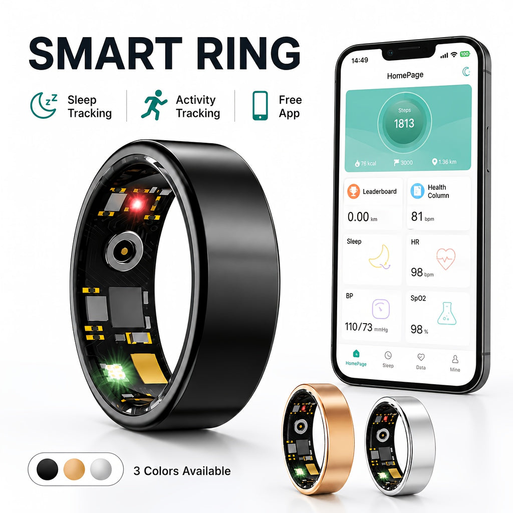 Fitness Tracker Ring Smart Sleep Step Distance Calorie Monitor Remote Camera IP68 Waterproof iOS Android Women Men Black Rose Gold Silver