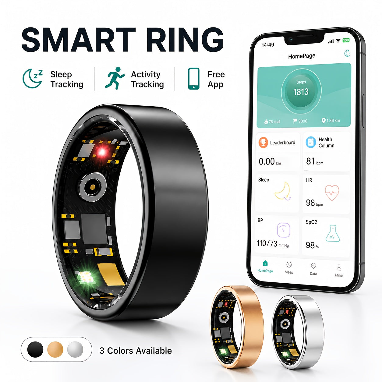Fitness Tracker Ring Smart Sleep Step Distance Calorie Monitor Remote Camera IP68 Waterproof iOS Android Women Men Black Rose Gold Silver