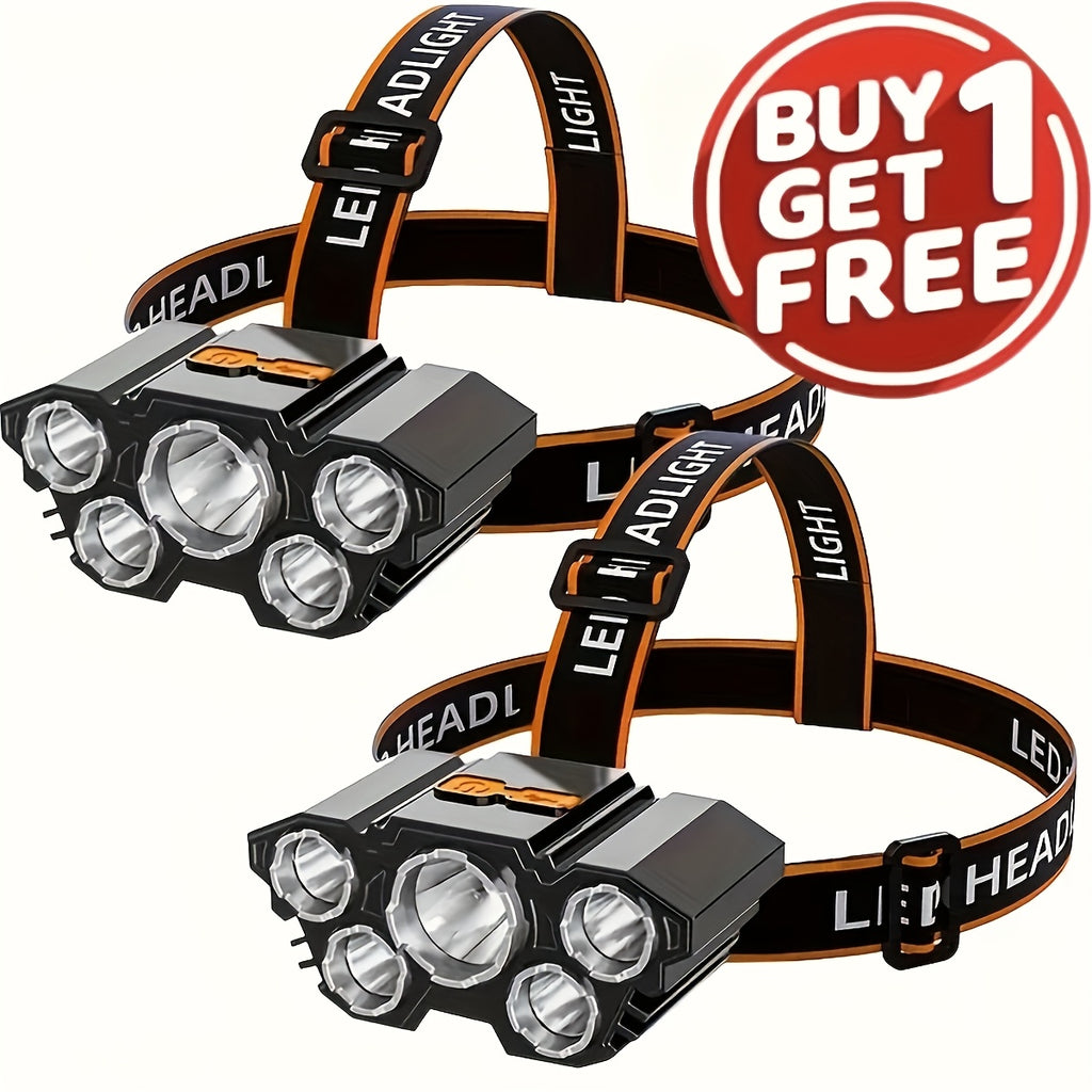 LED Headlamp USB Rechargeable 2-Pack – 5 LED 4 Lighting Modes IPX3 Waterproof Lithium Battery Head Lamp for Camping, Hiking, Fishing & Emergency Use