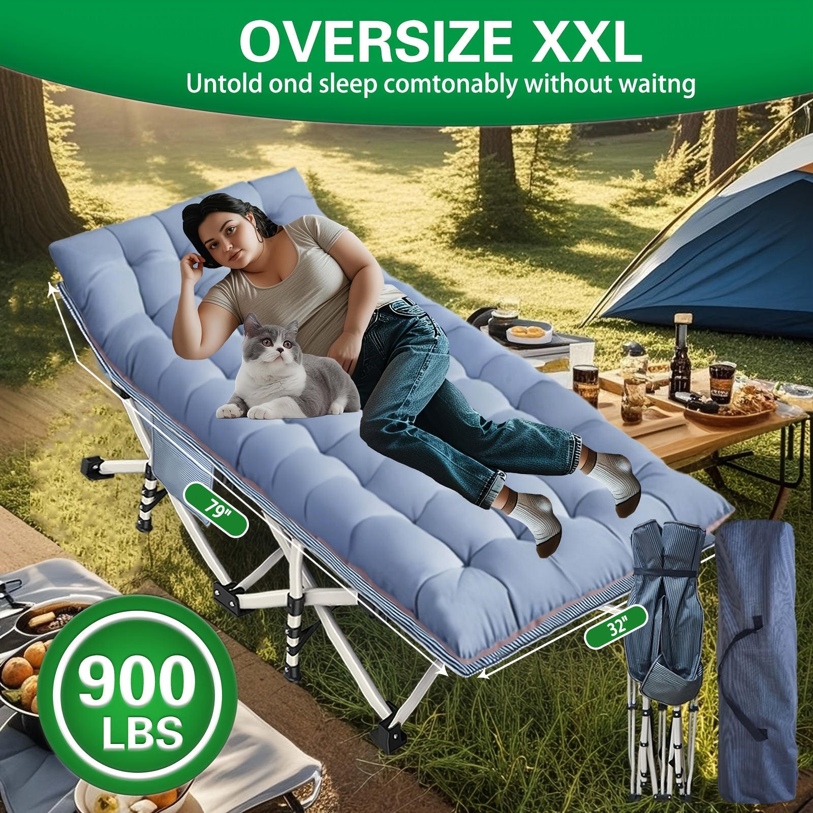 Folding Camping Cot with Mattress XXL Oversize 75"-79" Heavy Duty 700-900 LBS – Portable Guest Bed & Sleeping Cot with Carry Bag for Camping, Travel, Indoor & Outdoor Use