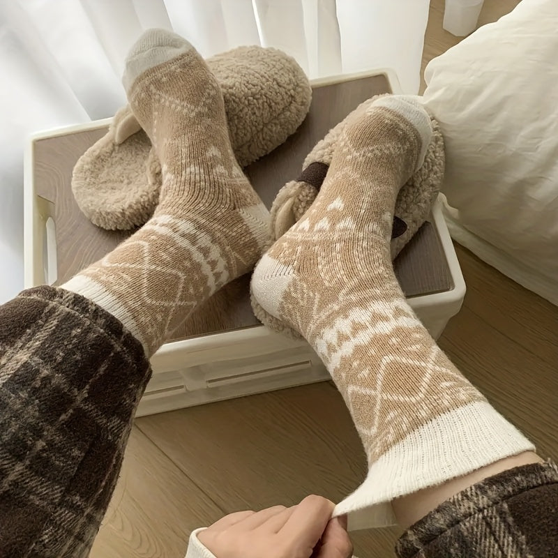 Women's Thermal Winter Socks 5-Pack Warm Fluffy Mid-Calf Cold Weather Socks – Ethnic Rhombus Pattern Cozy Soft Fabric for Outdoor Commuting Home Multi-Color