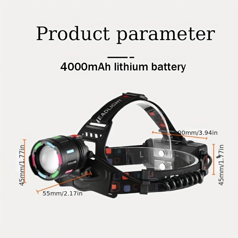 Rechargeable LED Headlamp with 4 Modes & 90° Tilt – Adjustable Focus Head Lamp with Warning Taillight for Camping, Hiking, Running, Repair Work & Emergency Use