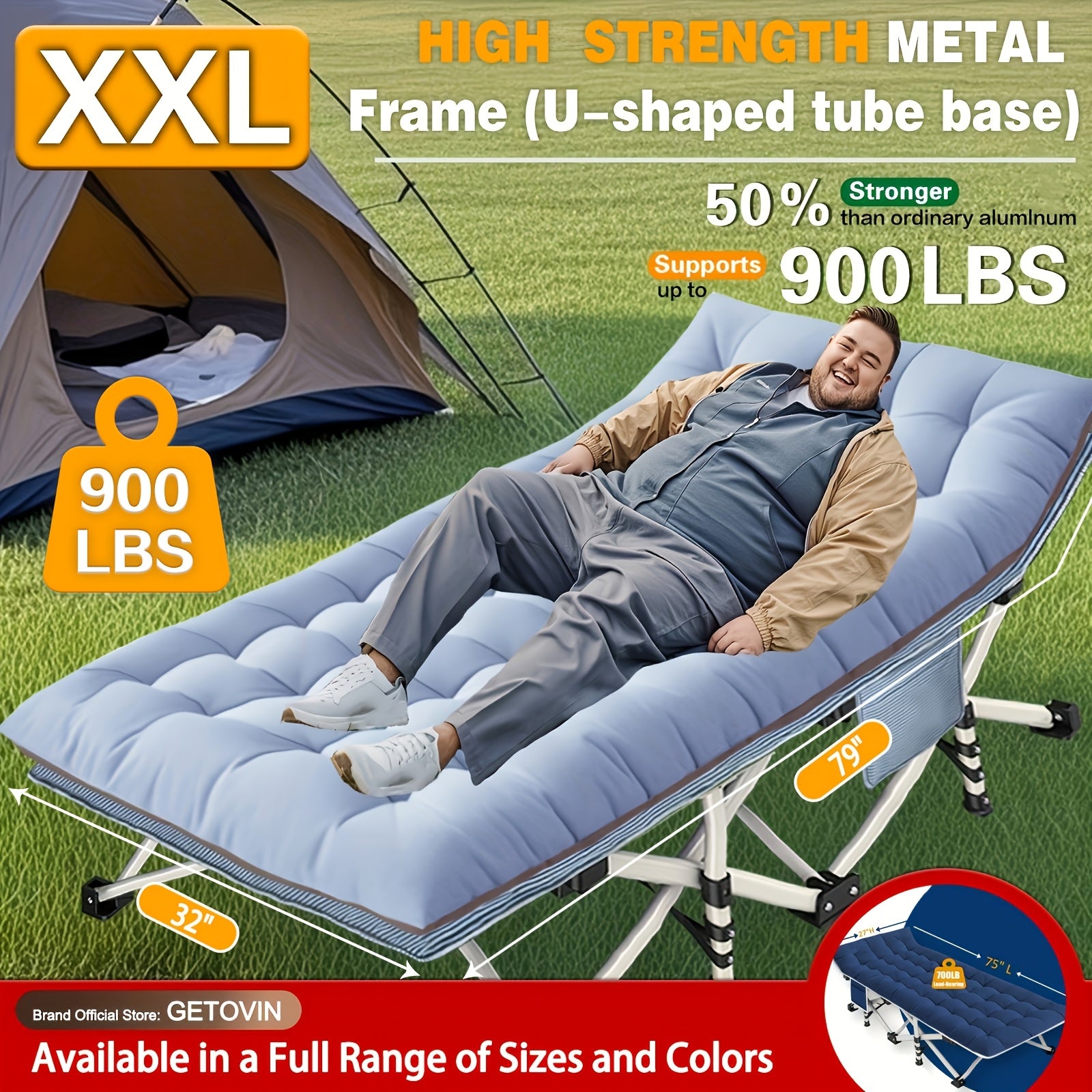 Folding Camping Cot with Mattress – XXL Portable Sleeping Cot for Adults Kids, 75"-79" Heavy Duty Camp Bed, 700-900 lbs Capacity for Beach Garden Patio Fishing Outdoor