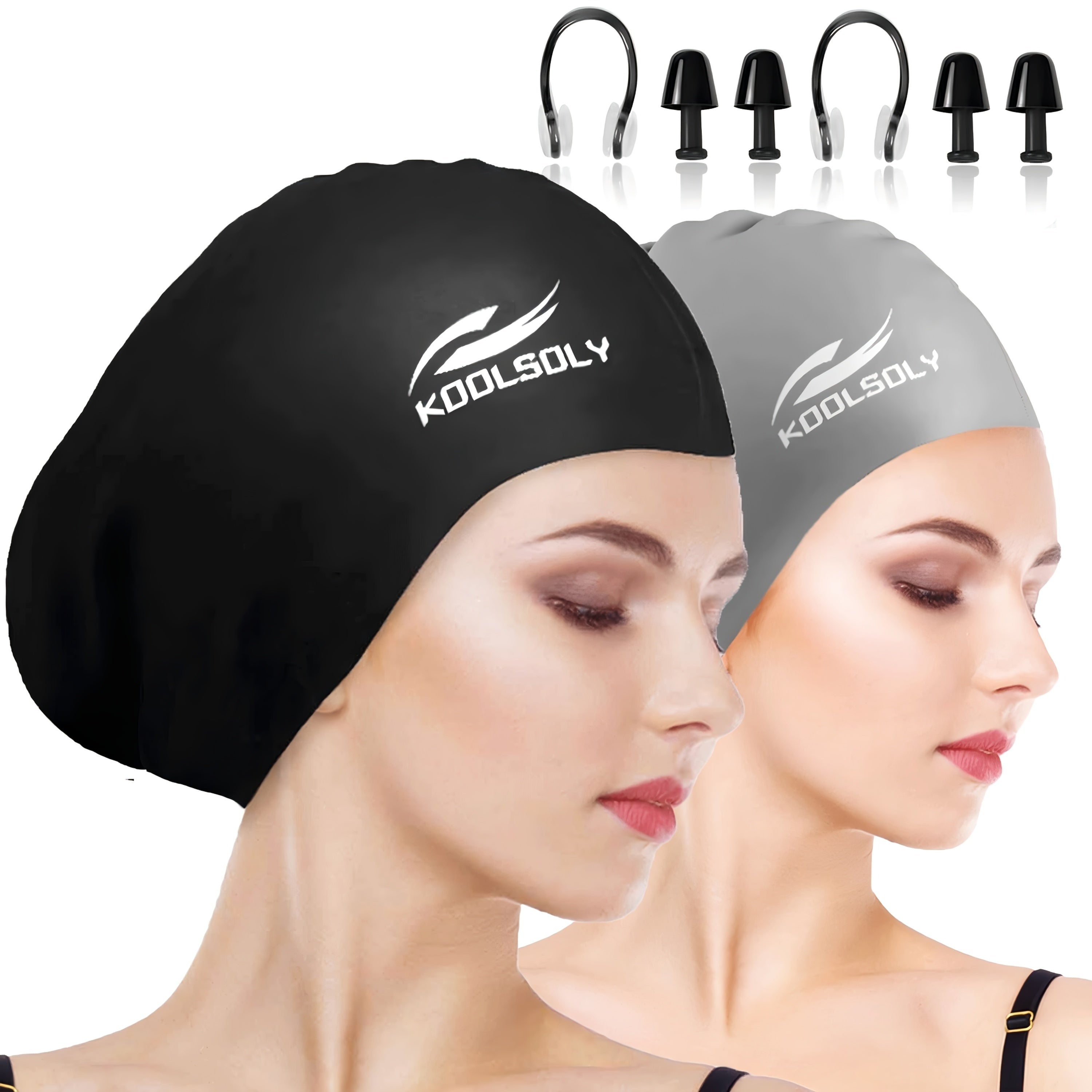 Silicone Swimming Cap 2-Pack with Ear Protection for Long Hair – Includes Earplugs & Nose Clip – Waterproof Swim Cap Set for Women Men Adults Pool Beach Lap Swimming Multiple Color Combos